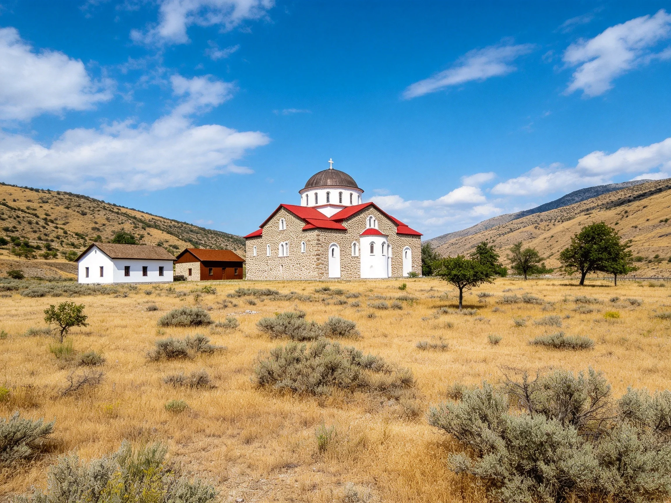 A stone church with red roofs sits amid golden fields and brown hills