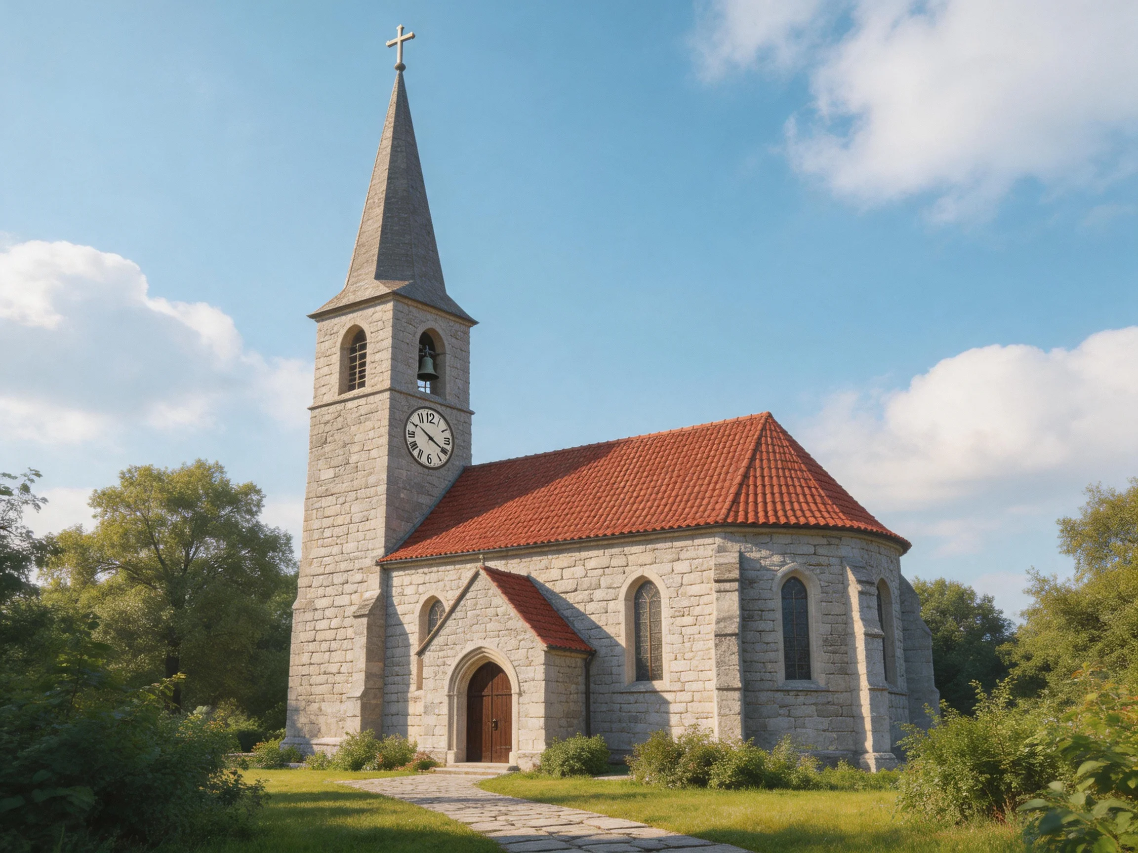 A stone church with red-tiled roof and clock tower