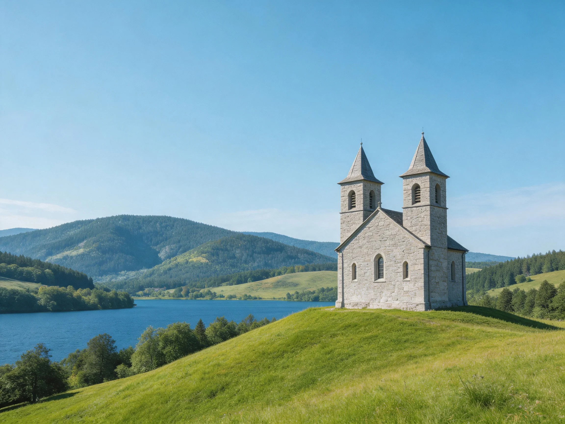A stone church with twin towers overlooks a serene lake from a lush hilltop