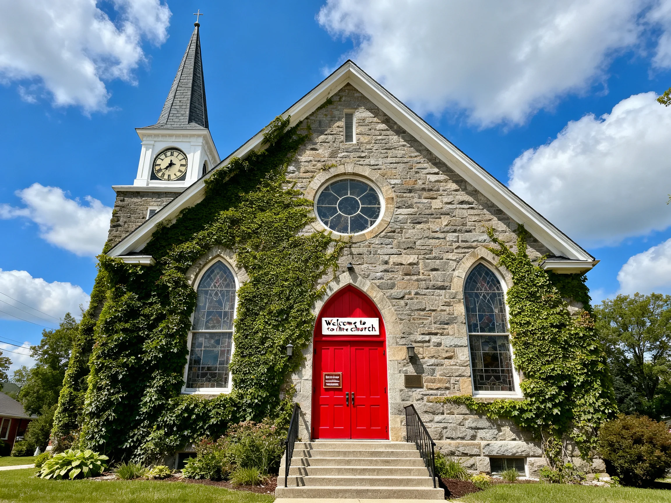 A stone church with vibrant red doors, ivy-covered walls, and a clock tower