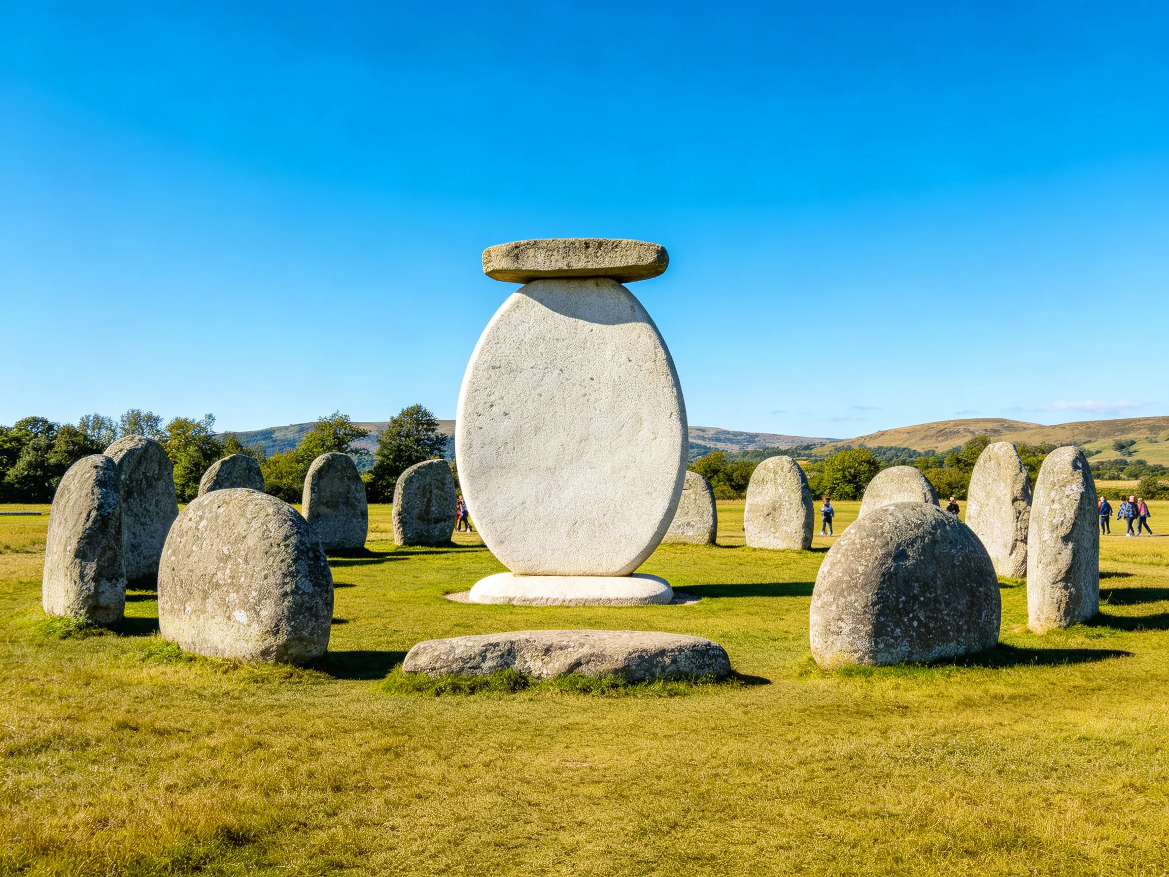 A stone circle with a large central oval stone in a green field