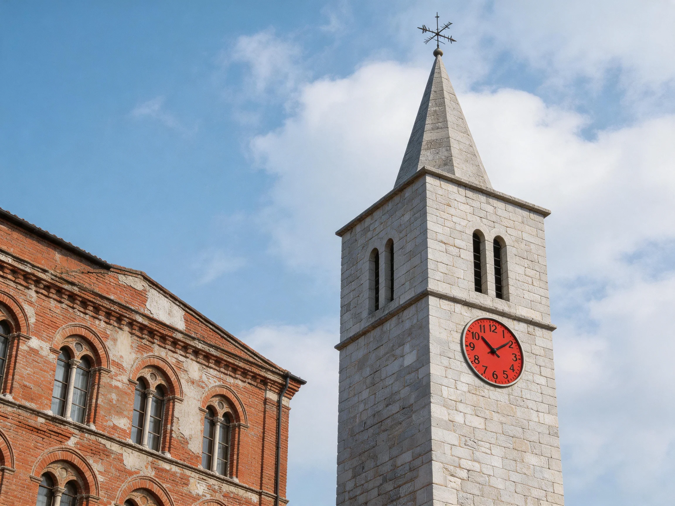 A stone clock tower with a bright red clock near an aged brick building