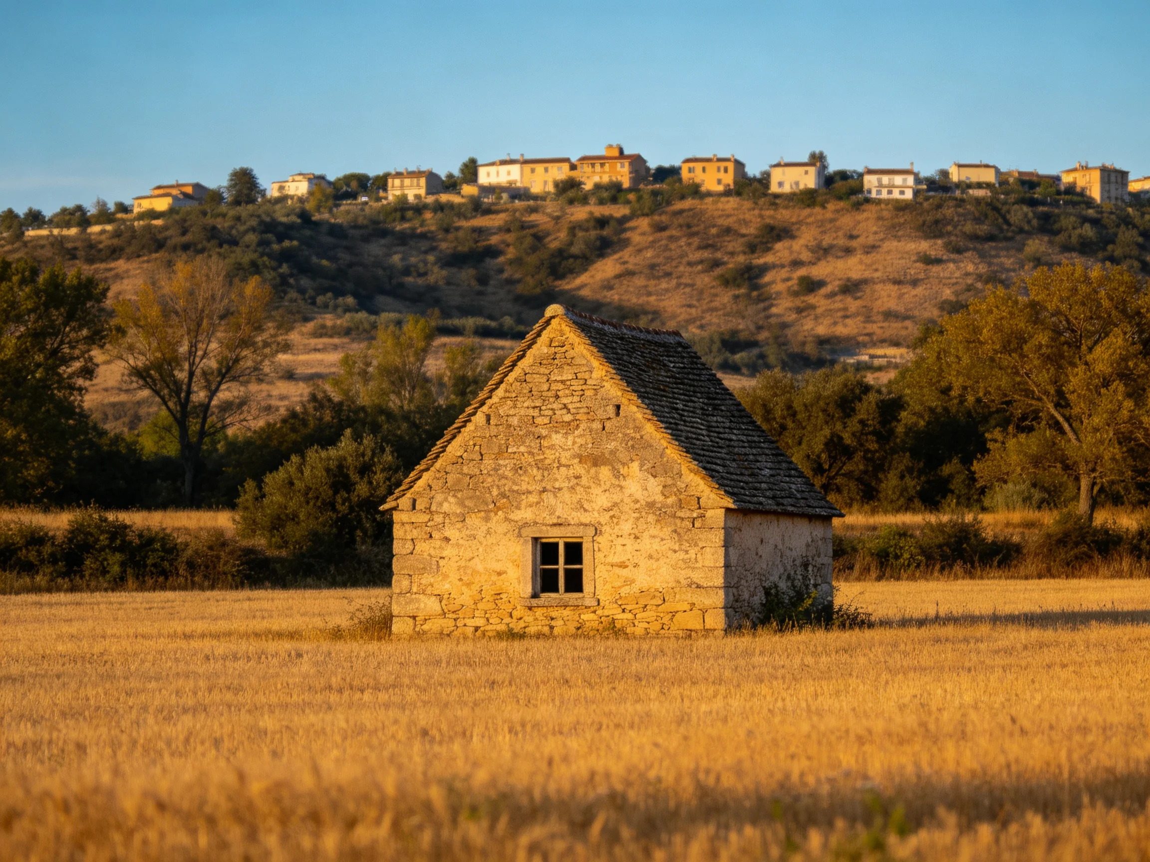 A stone cottage in a golden field with hilltop homes