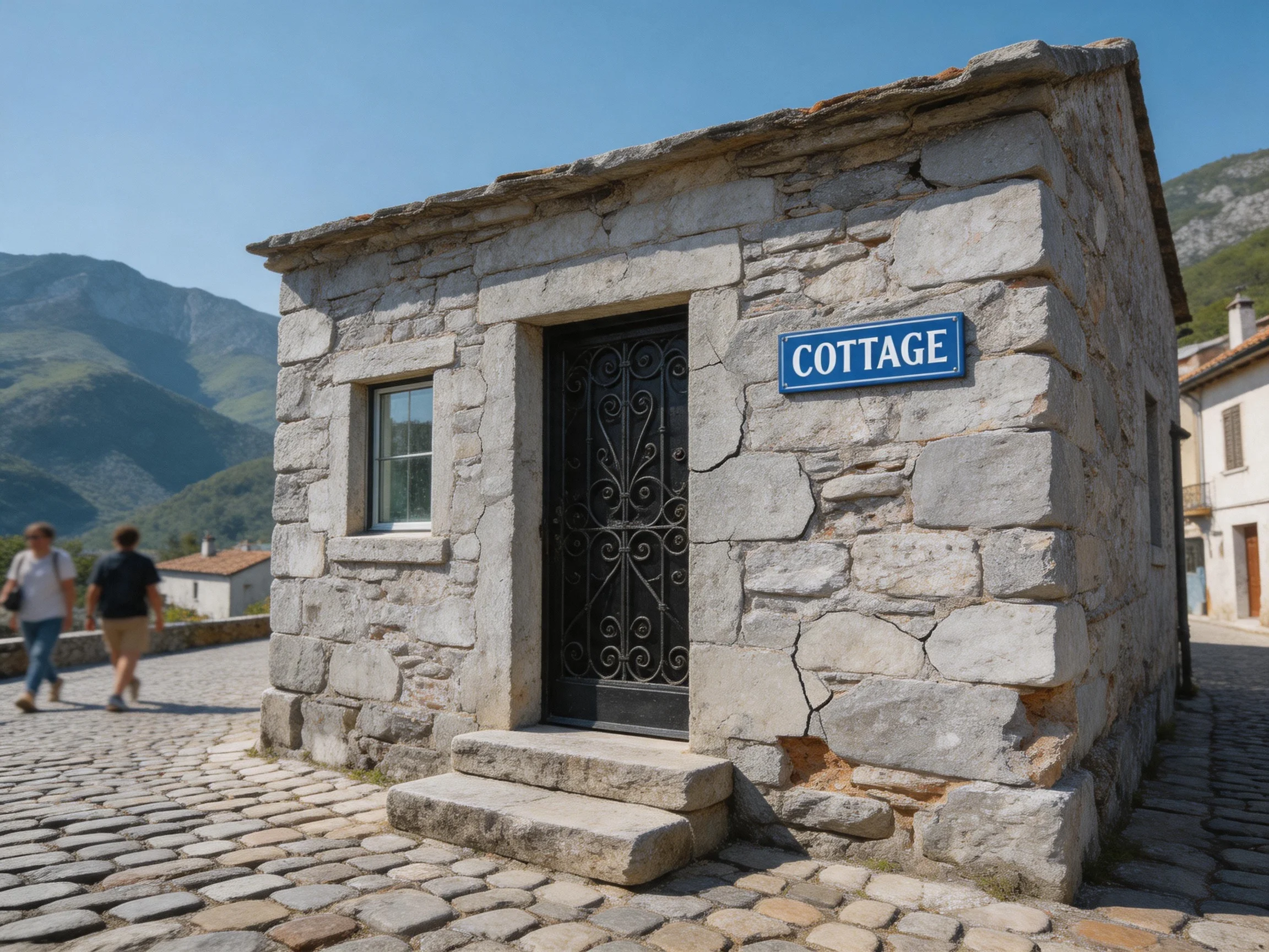 A stone cottage with a blue Cottage sign on cobblestone near mountainous terrain