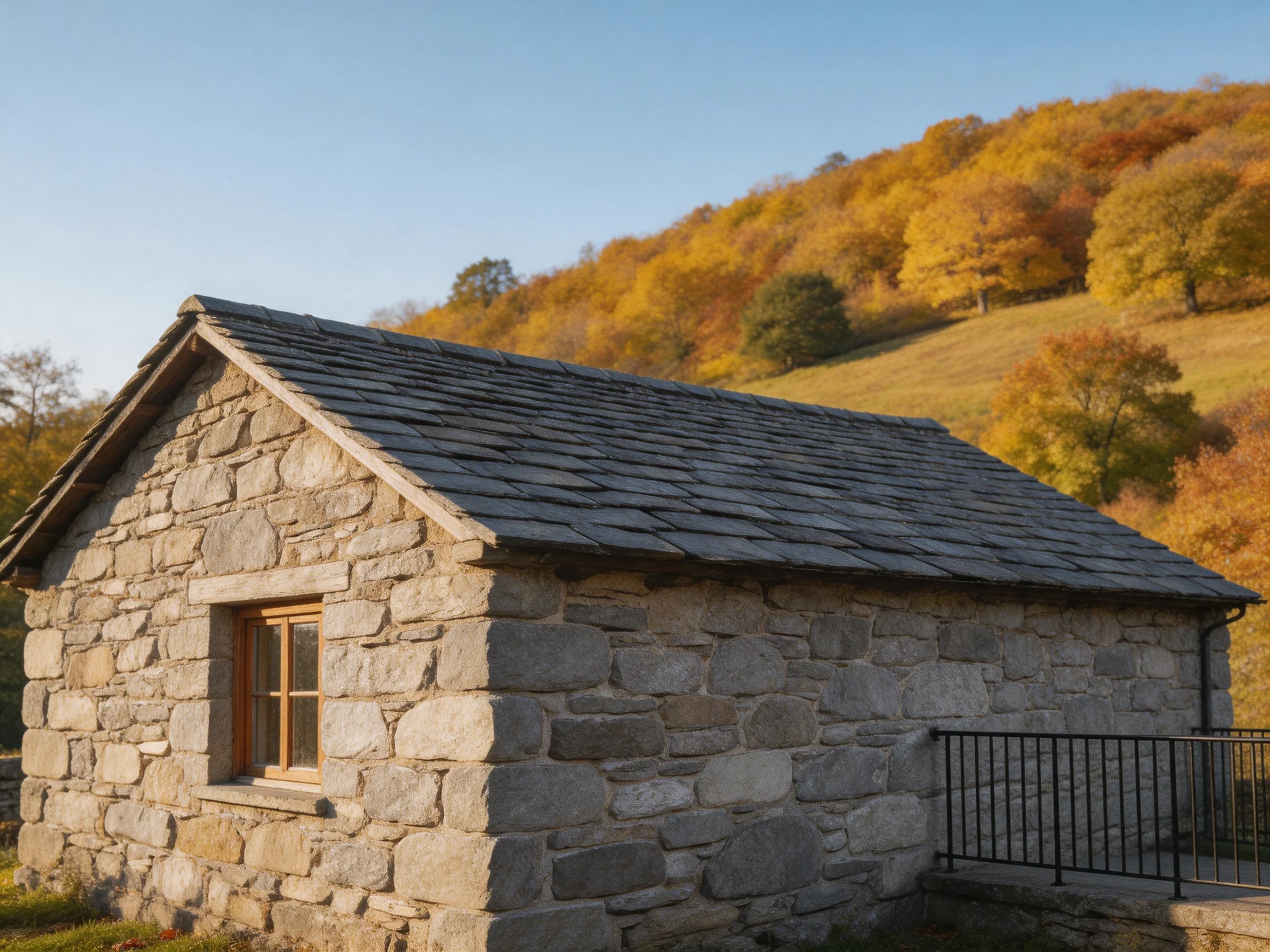 A stone cottage with slate roof beside autumn-colored hills