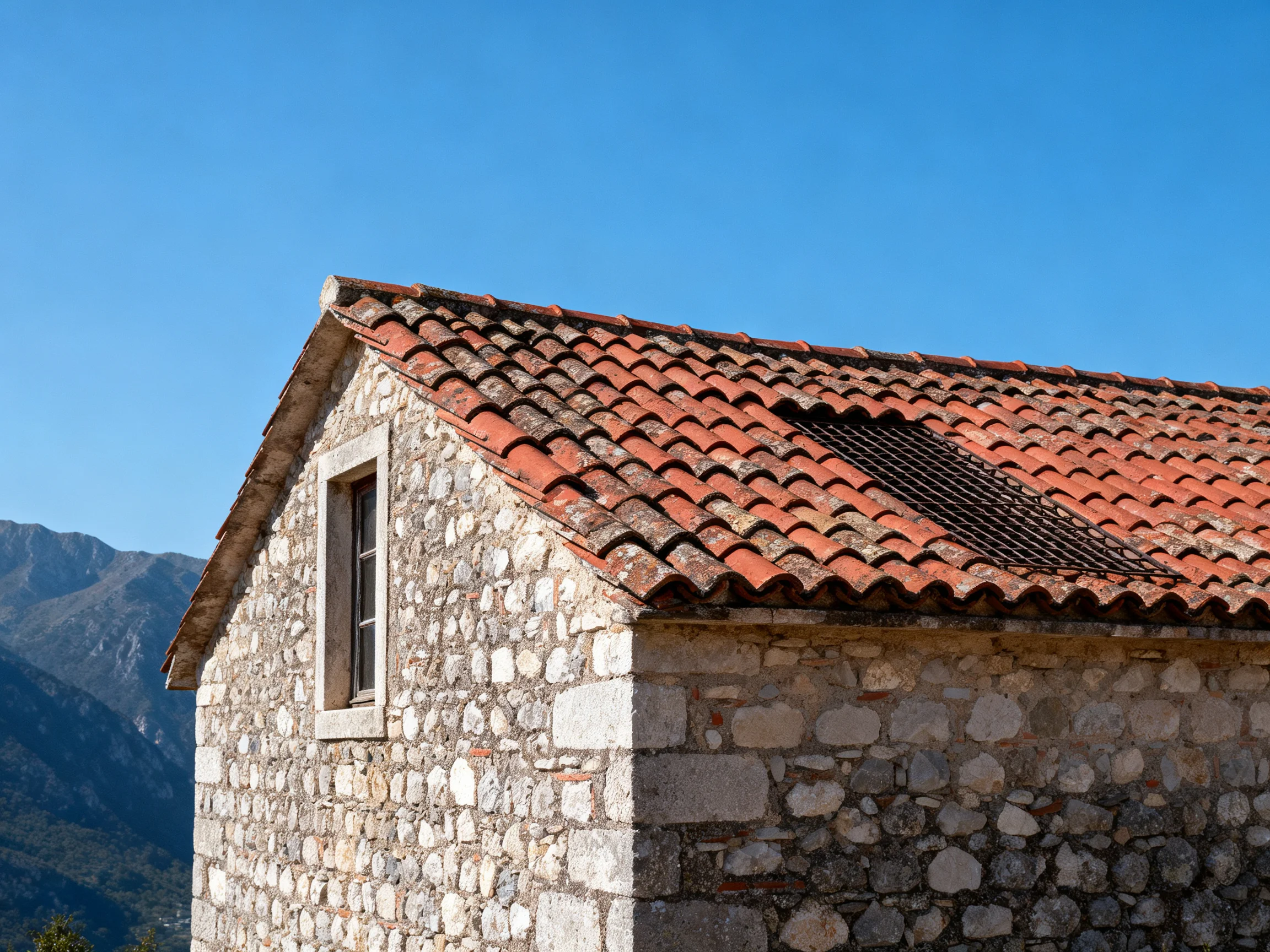 A stone cottage with terracotta - tiled roof near mountainous landscape