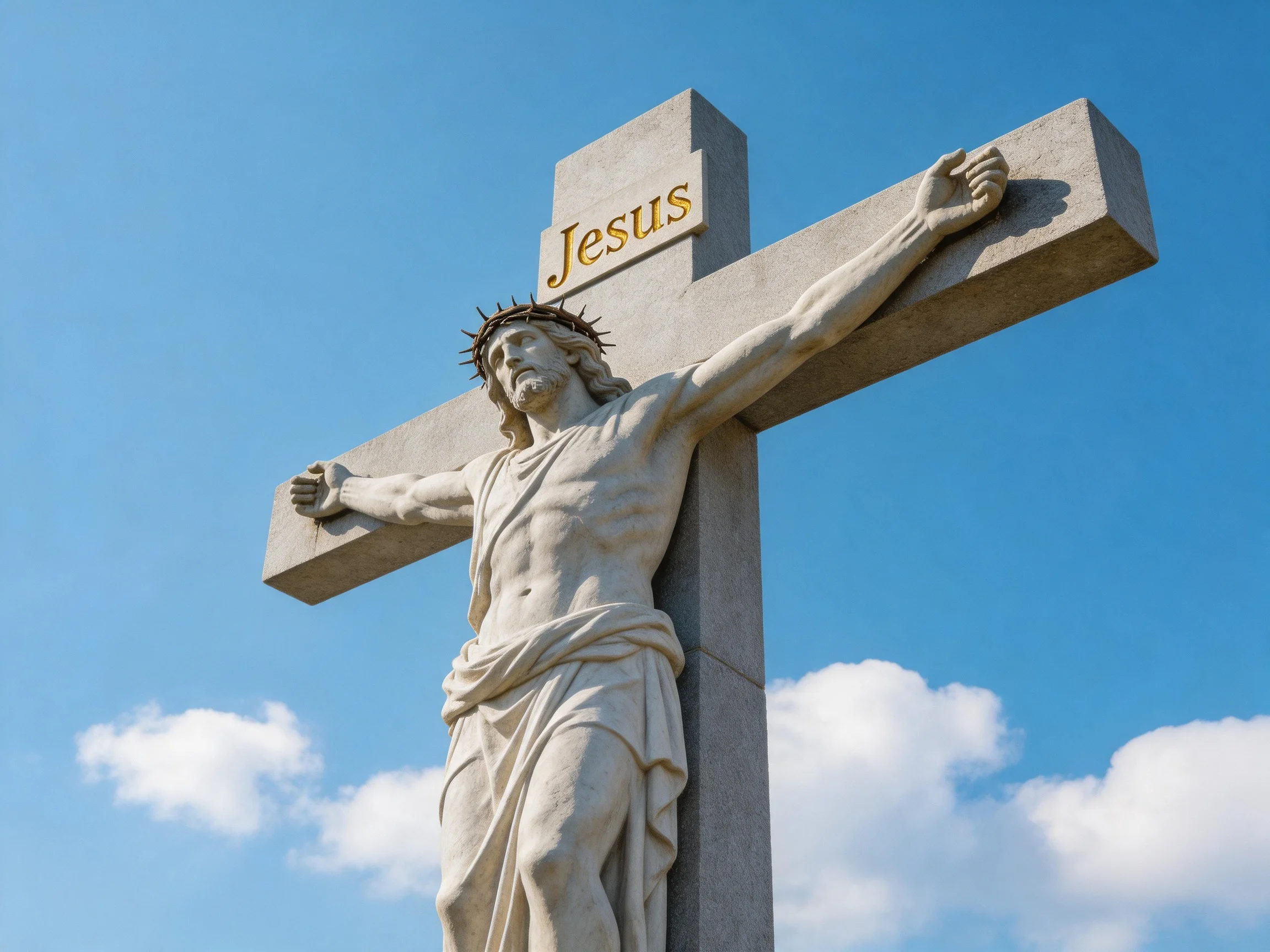 A stone crucifix sculpture featuring Jesus with golden inscription