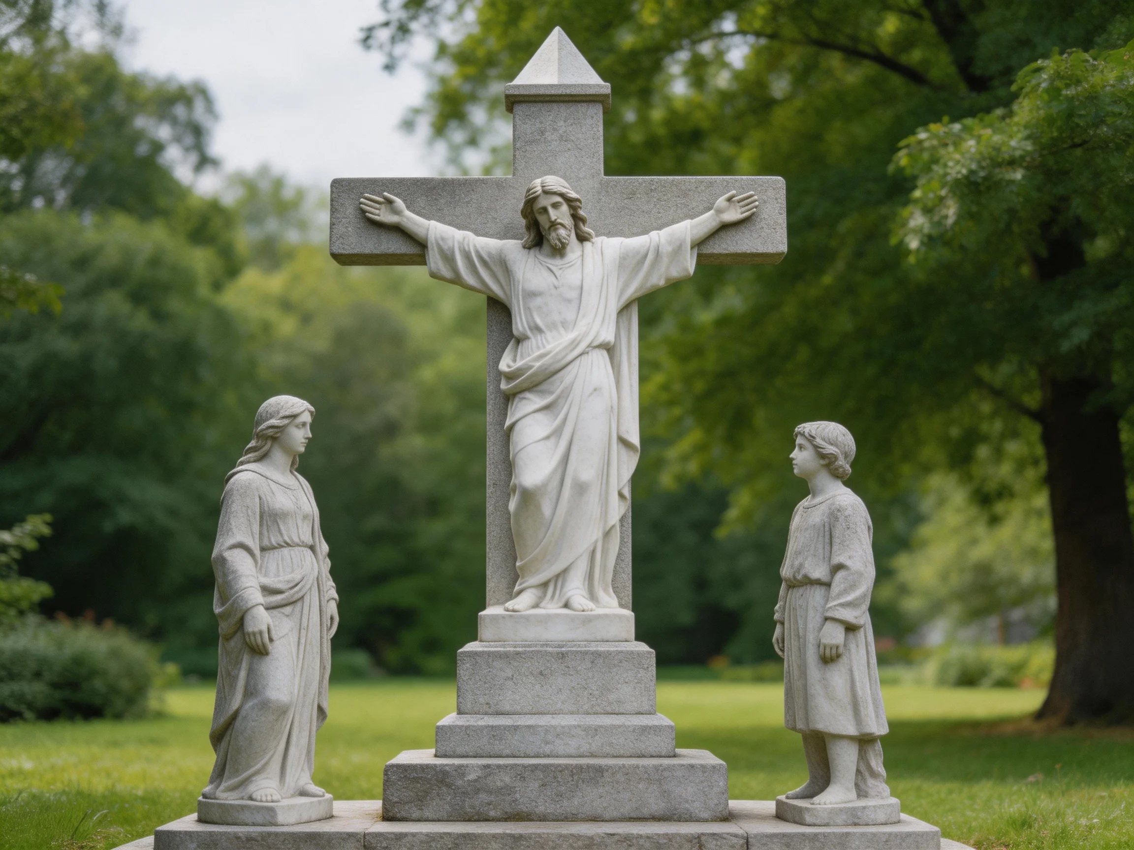 A stone crucifix sculpture with two statues in a lush green park