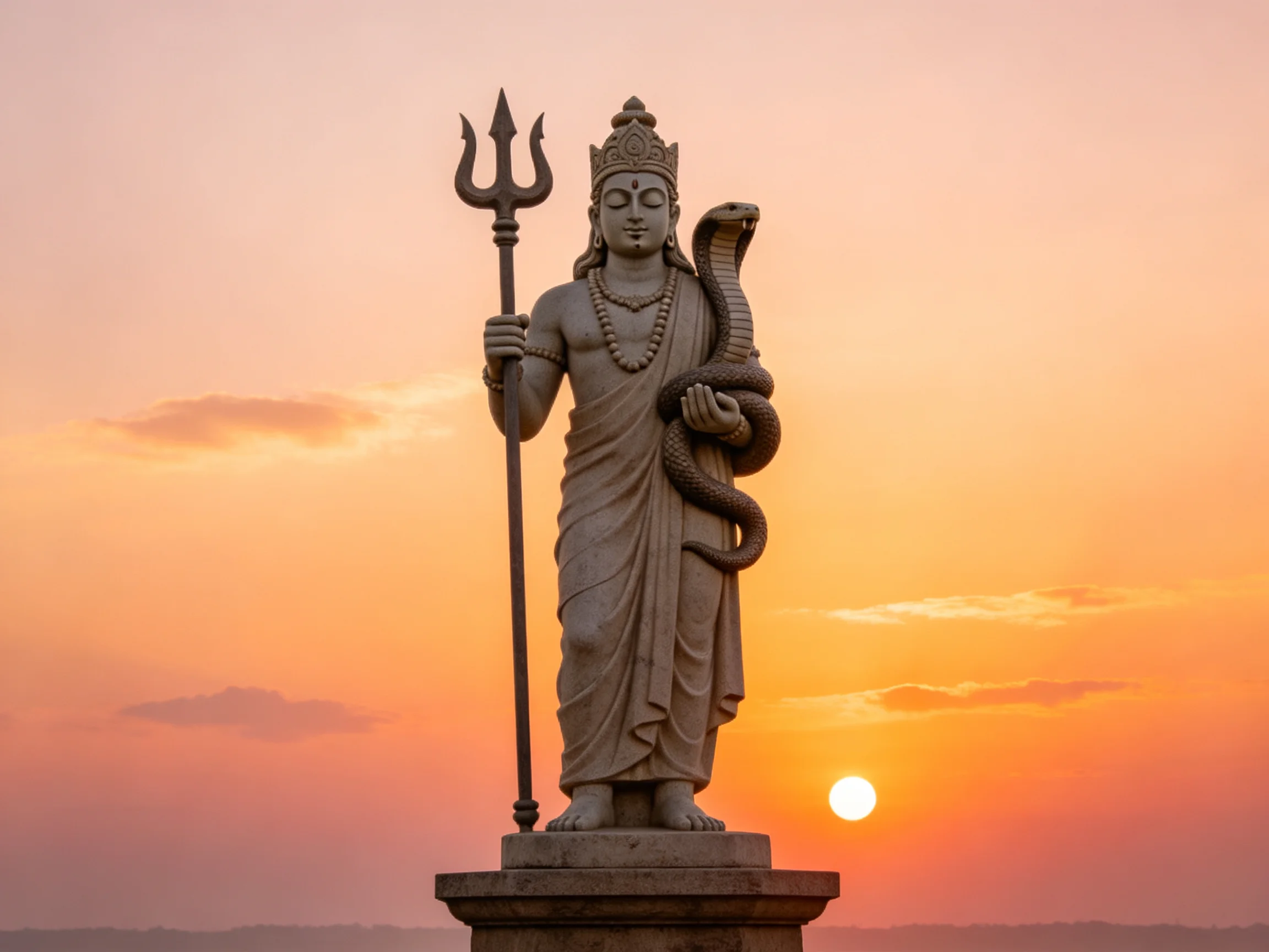 A stone deity statue with trident and cobra under vibrant sunset sky