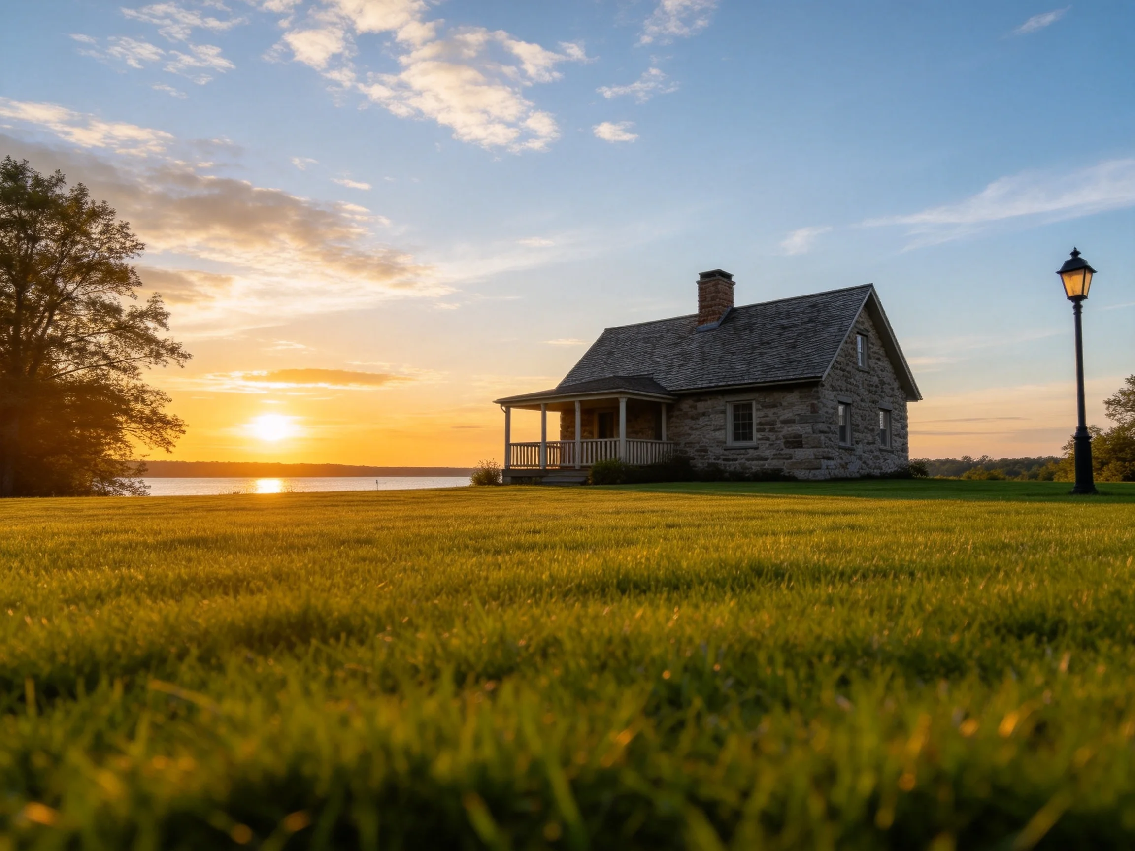 A stone house by a calm lake at sunset