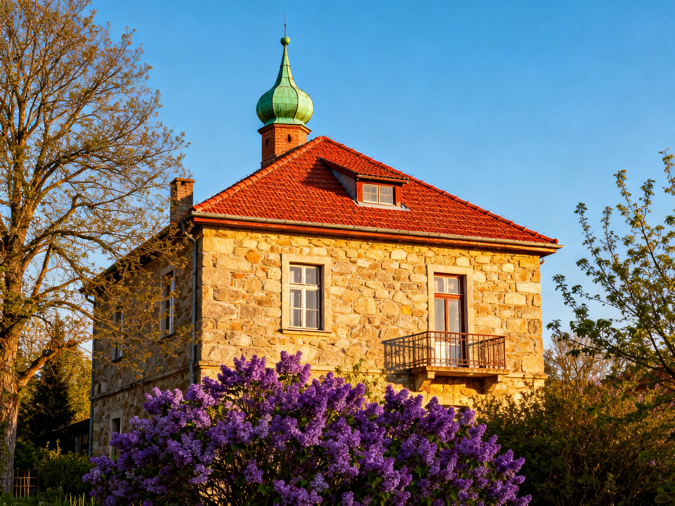 A stone house with a green dome, red roof, and blooming lilacs