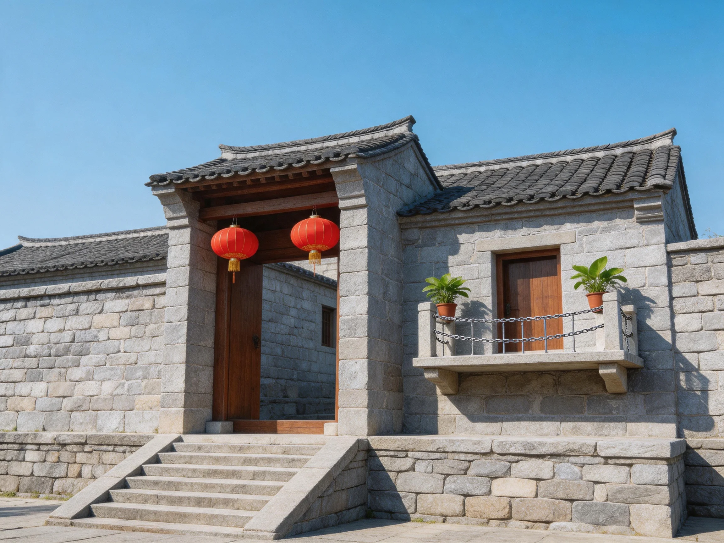 A stone house with red lanterns and wooden door