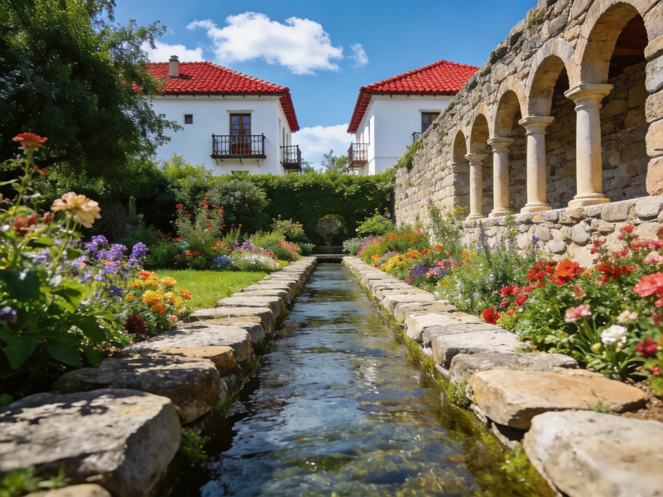 A stone-lined canal flows past vibrant gardens and white houses with red roofs