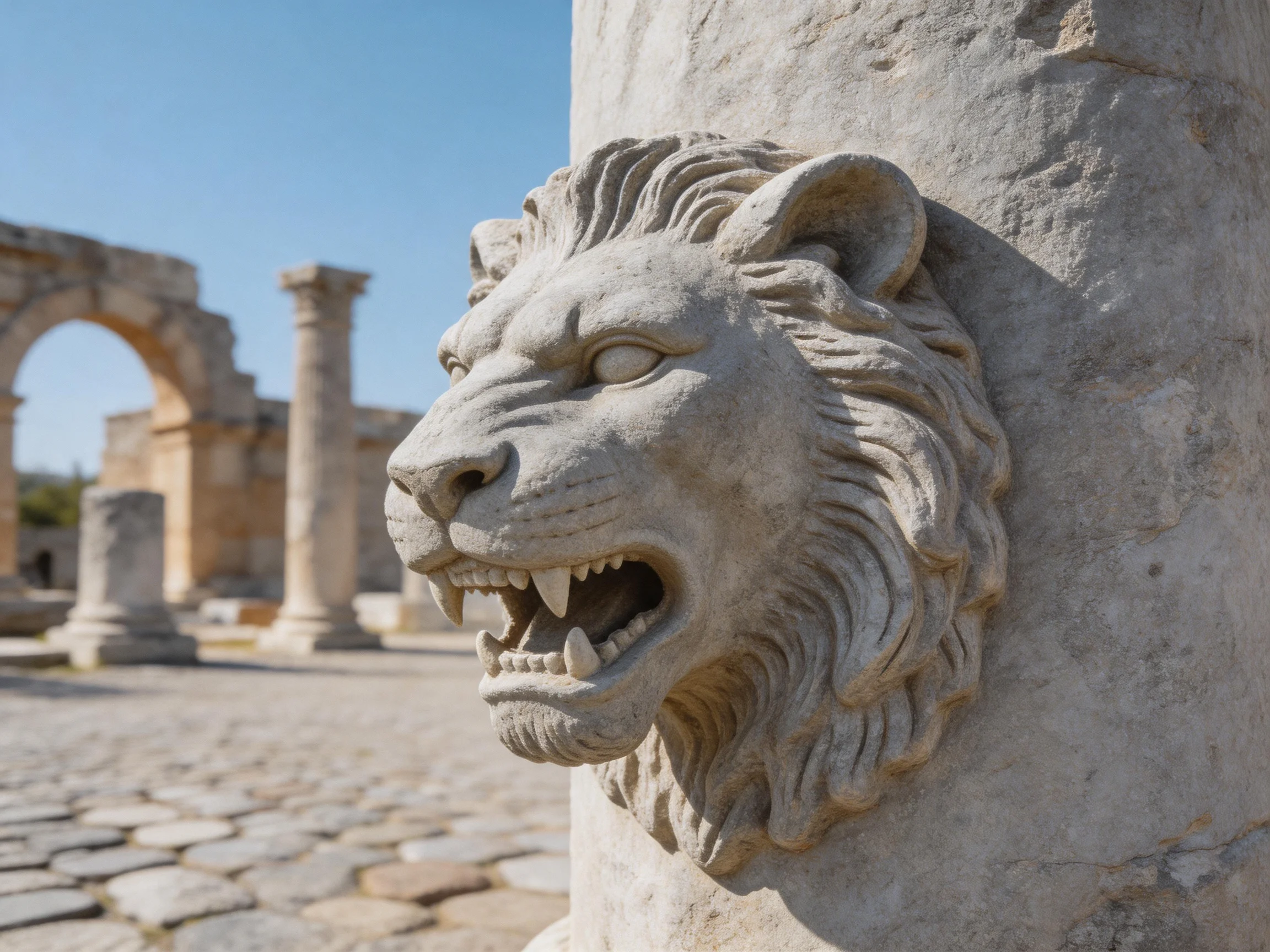 A stone lion sculpture adorns an ancient column near historical ruins