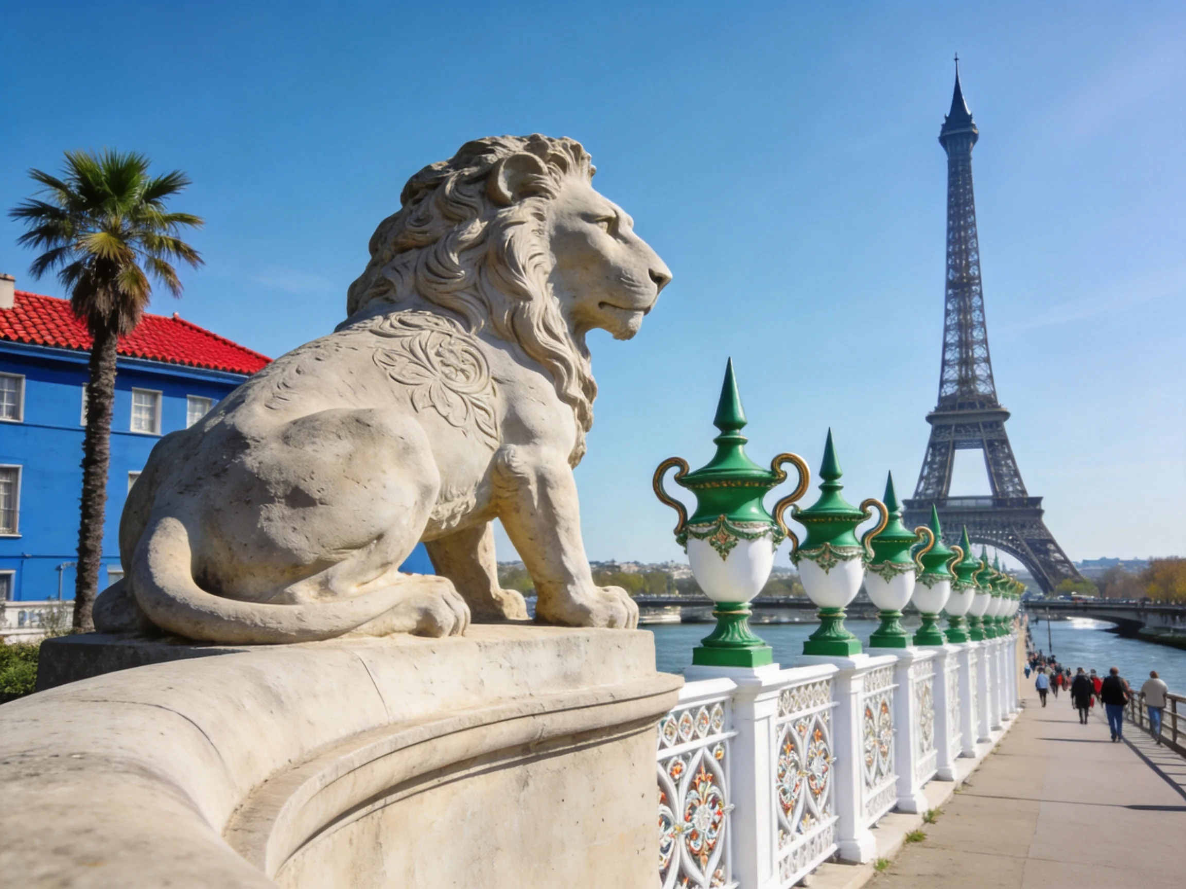 A stone lion statue beside the Eiffel Tower with green and white railings