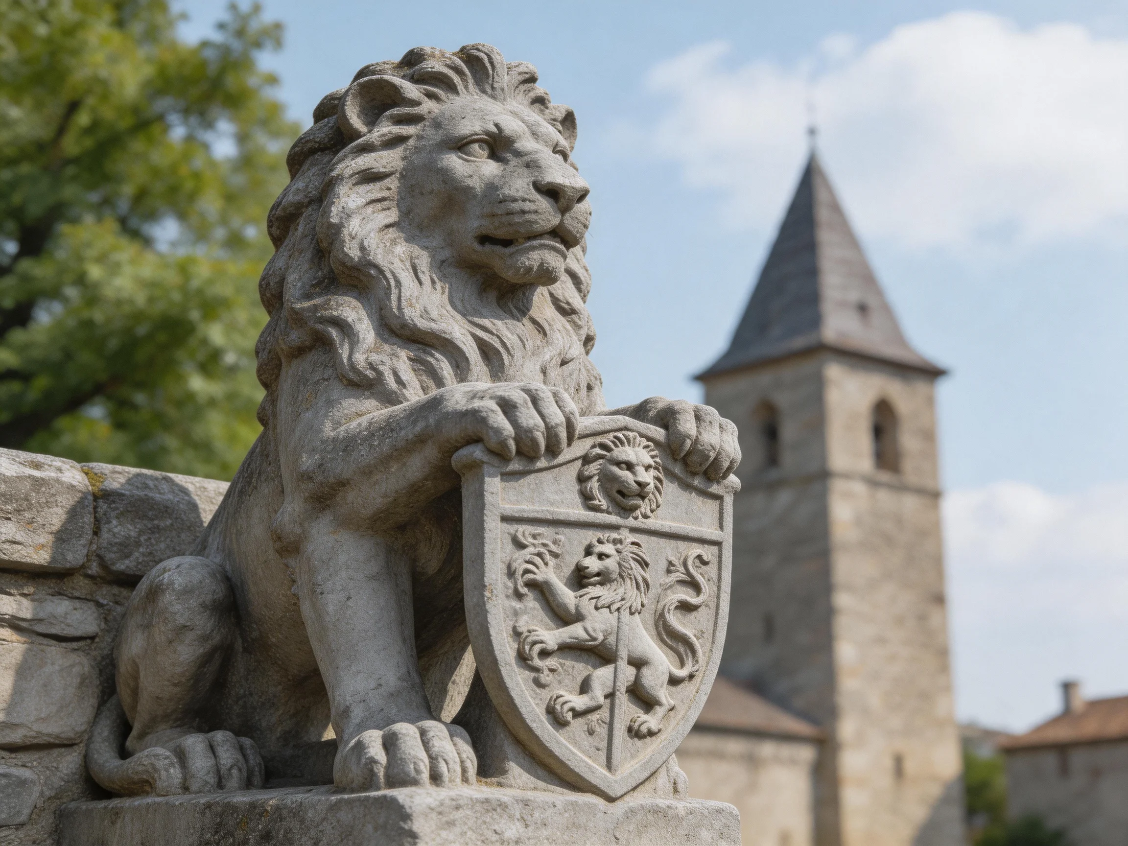 A stone lion statue clutching a heraldic shield near an old tower