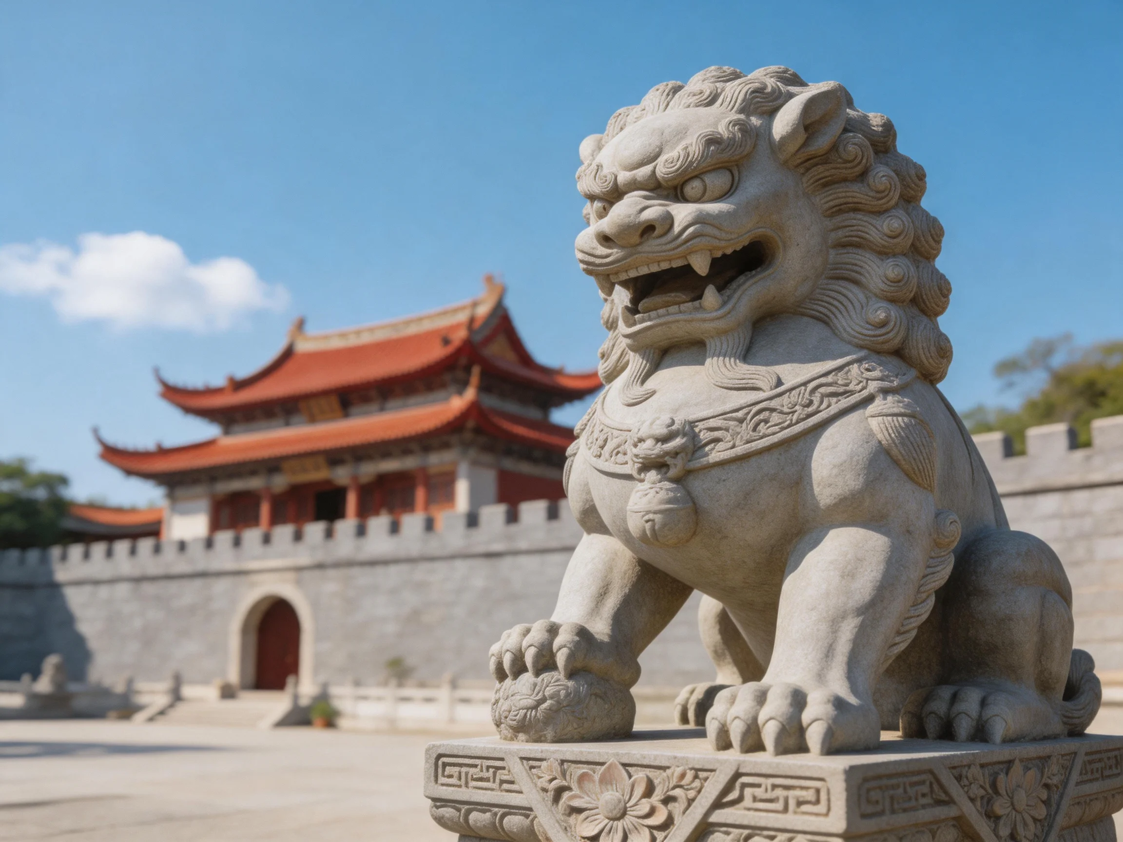 A stone lion statue guards a red-roofed ancient building with gray fortress walls