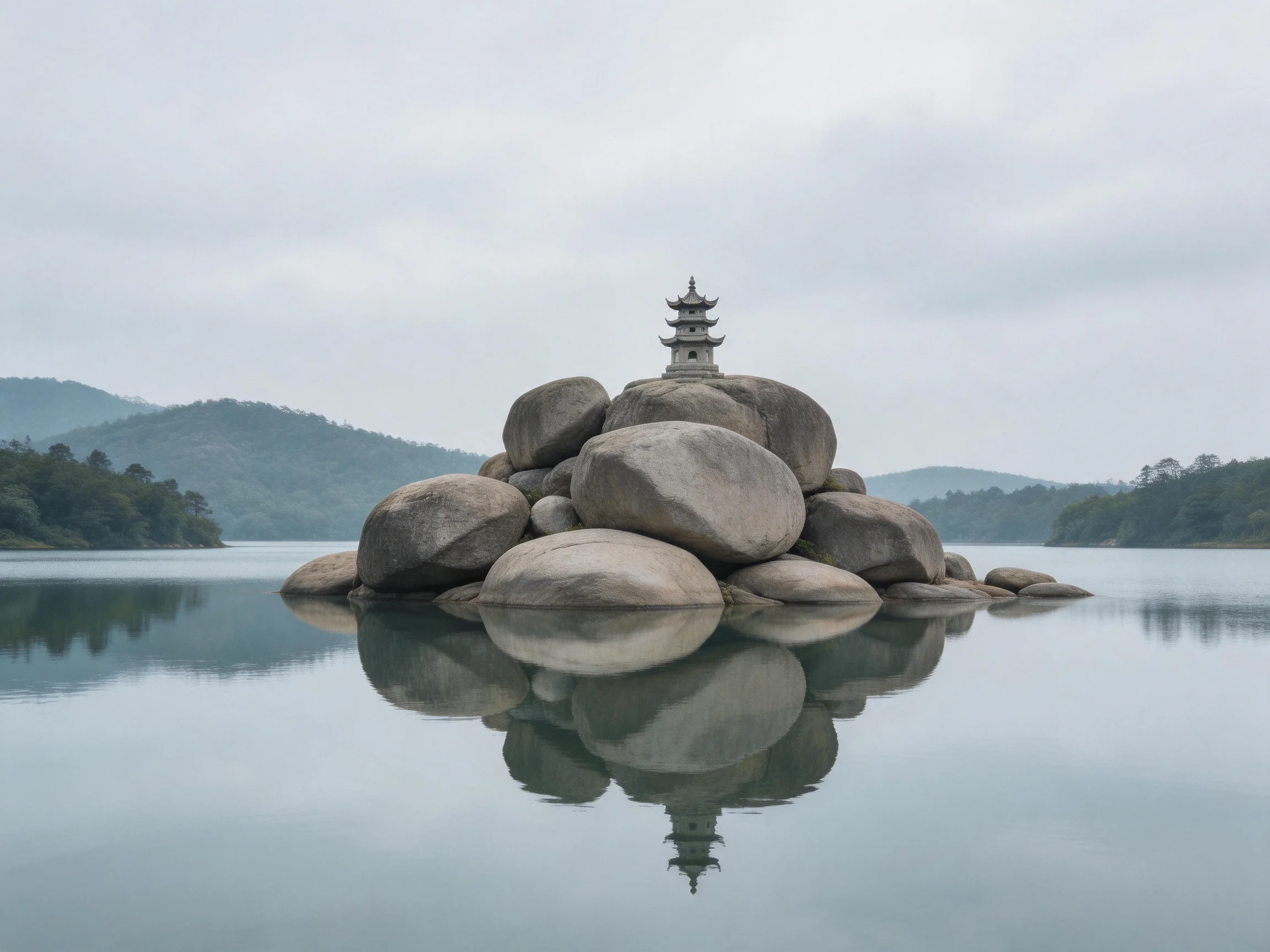 A stone pagoda atop massive gray boulders reflected in still water