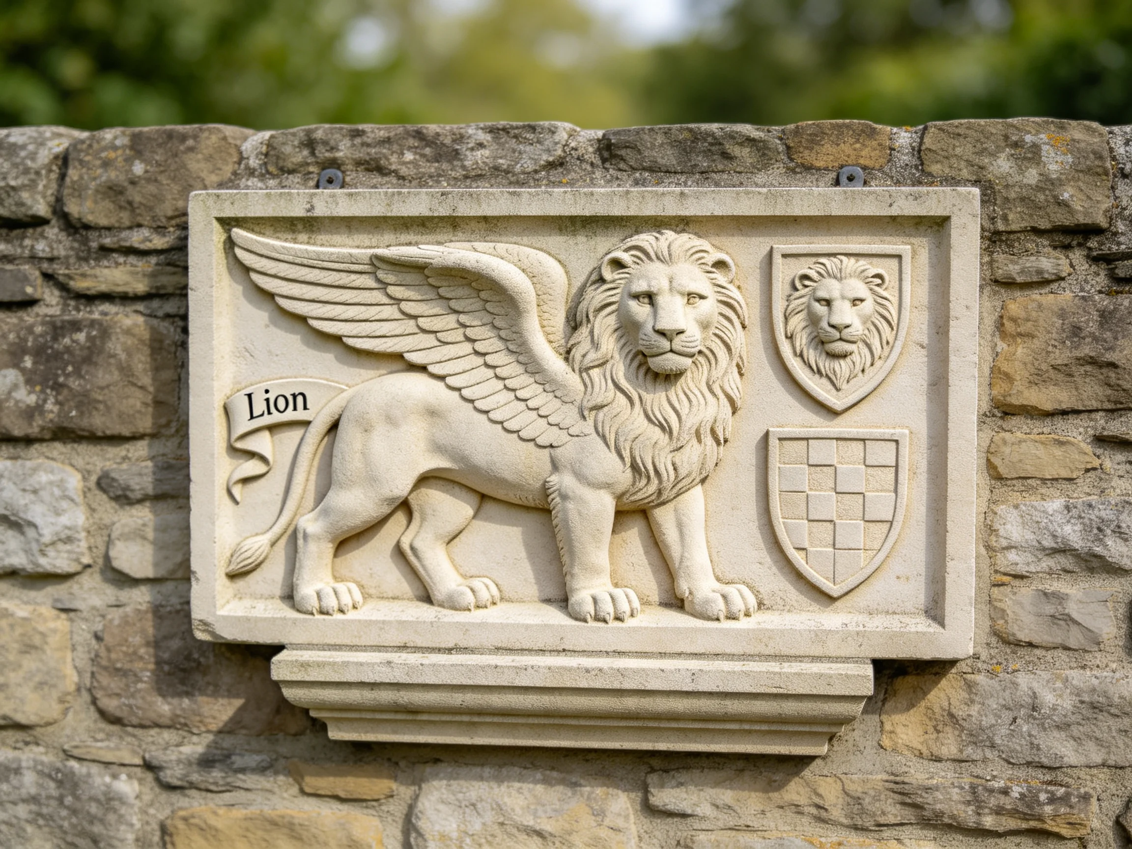 A stone relief of a winged lion with heraldic shields