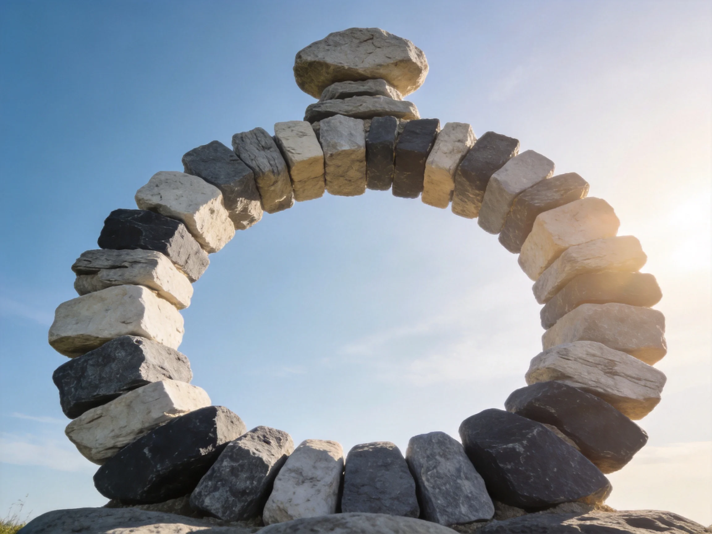 A stone ring sculpture with dark and light gray stones