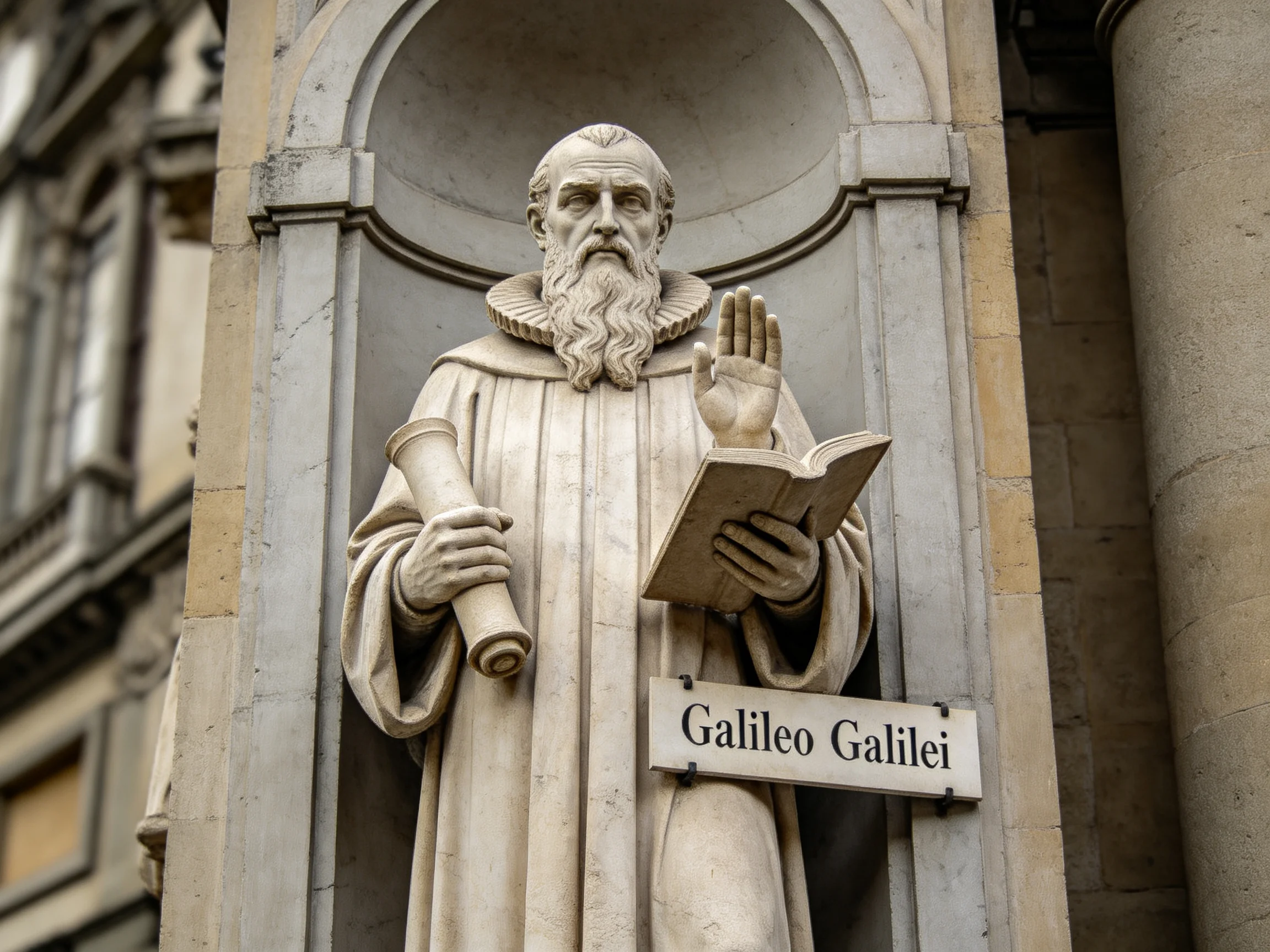 A stone statue of Galileo Galilei with an open book and scroll