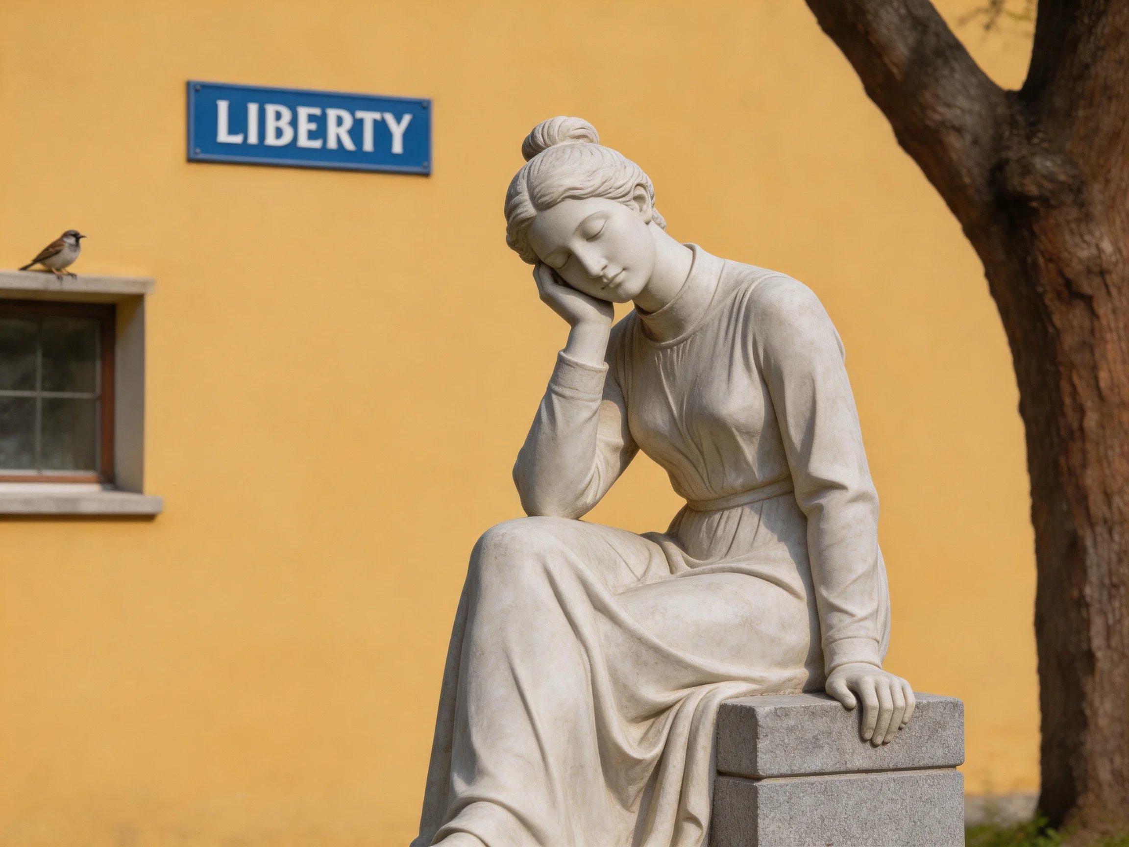A stone statue of a contemplative woman near a yellow building with Liberty sign
