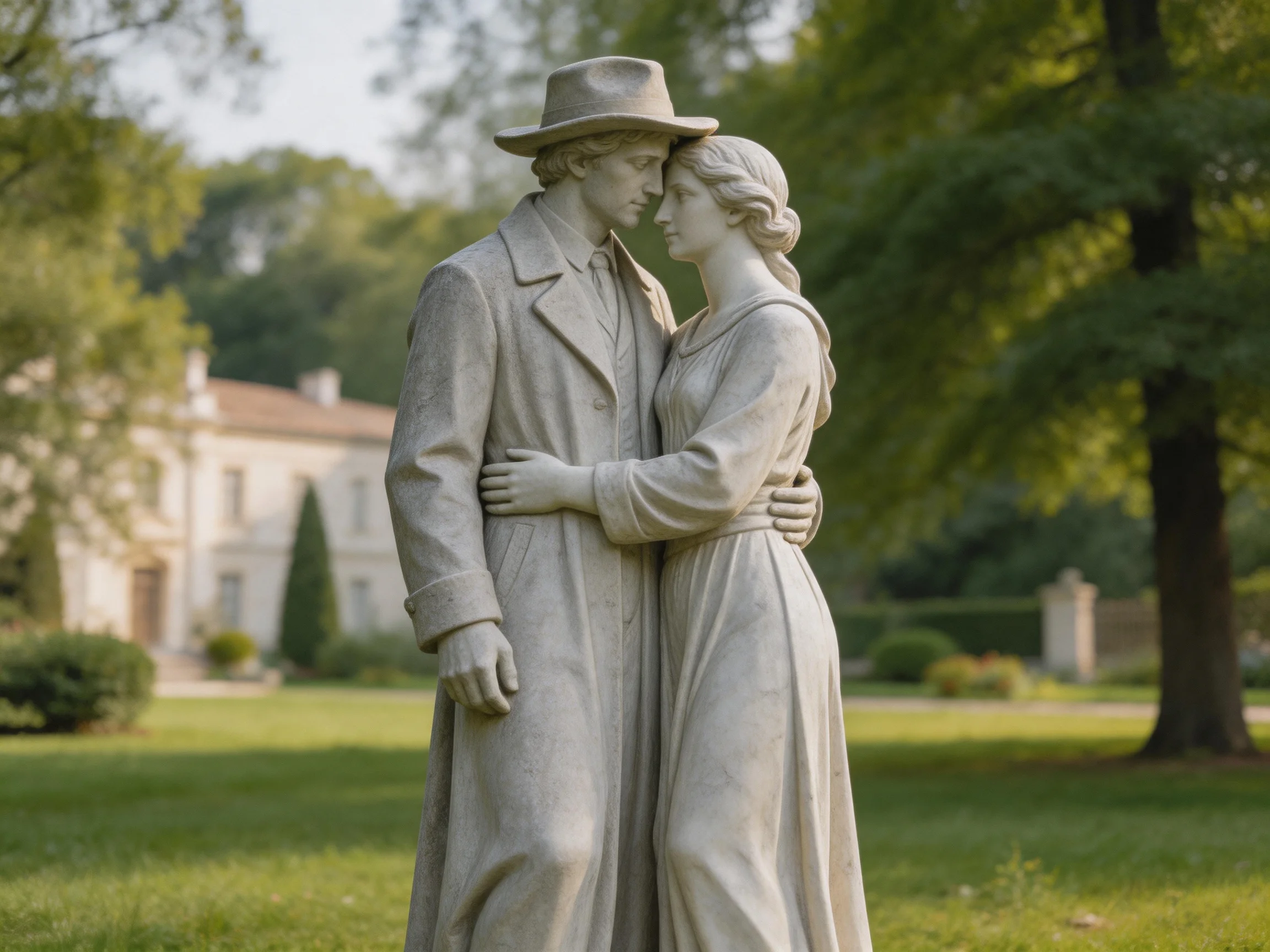A stone statue of a couple embracing in a verdant garden