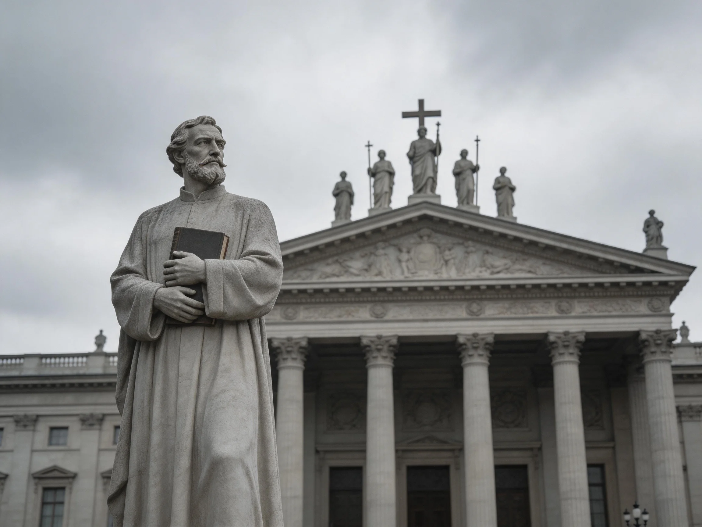 A stone statue of a robed figure stands before an ornate columned building with religious statues ato