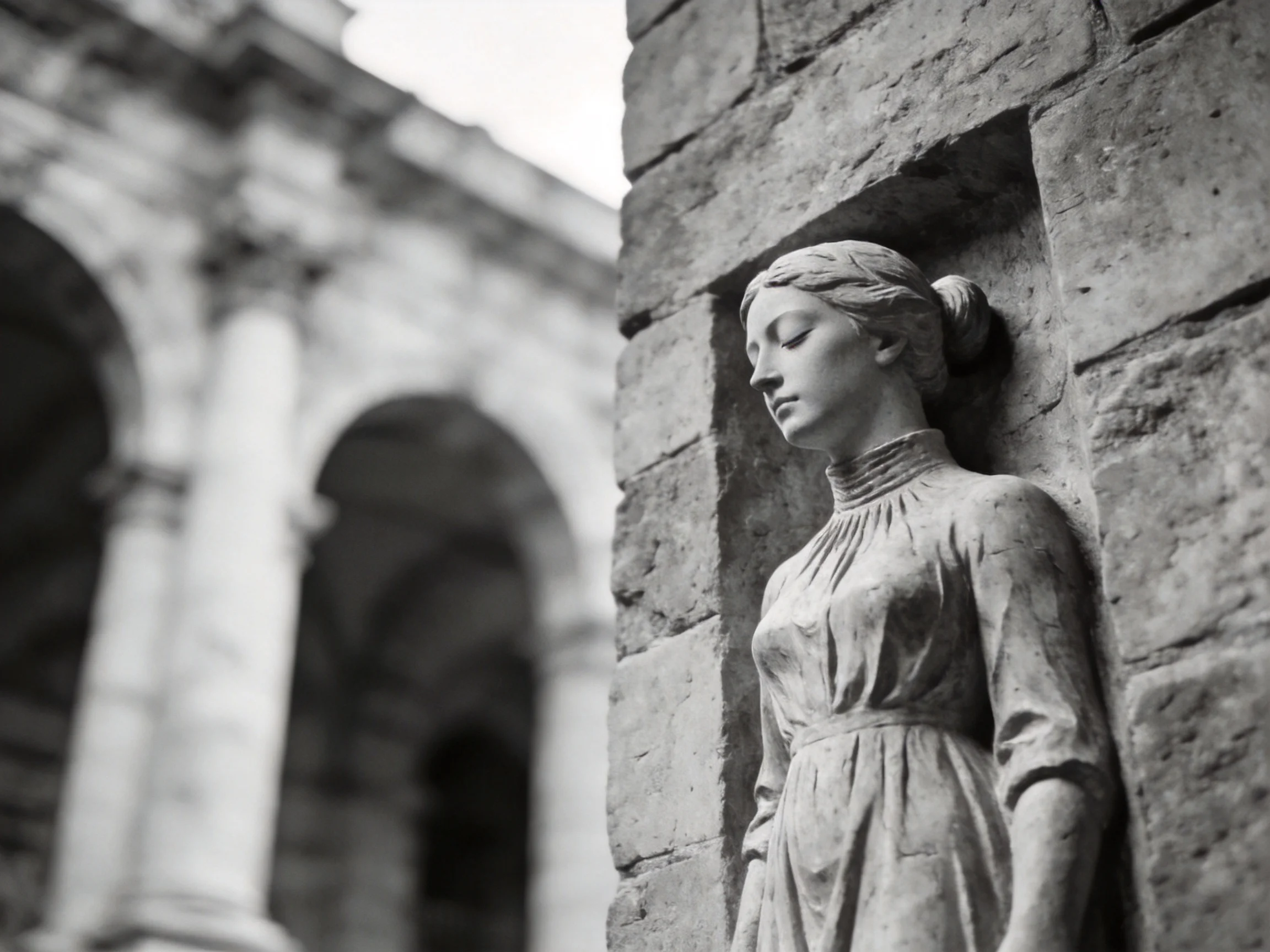 A stone statue of a woman against an ancient brickwall near historical arches
