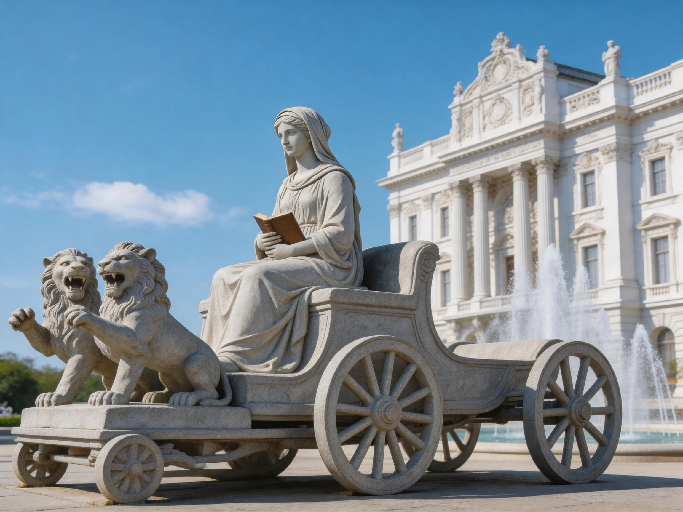 A stone statue of a woman in a chariot pulled by two lions beside a grand white building