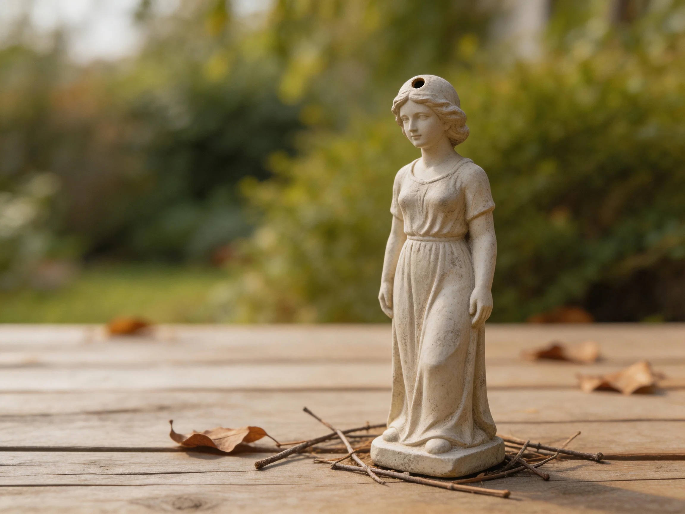 A stone statue of a woman on a wooden deck with dry leaves and twigs