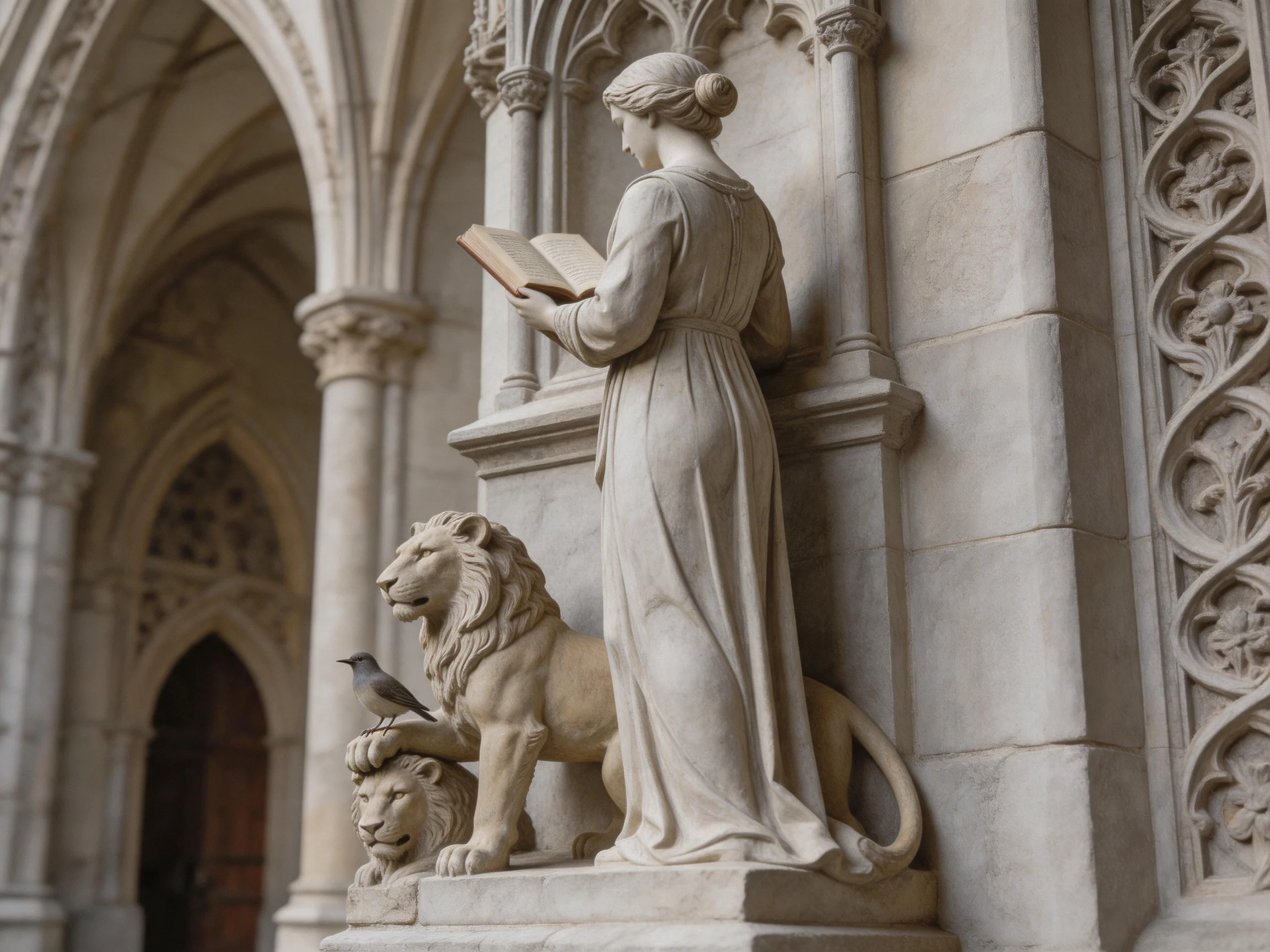 A stone statue of a woman reading beside two lions in gothic architectural surroundings