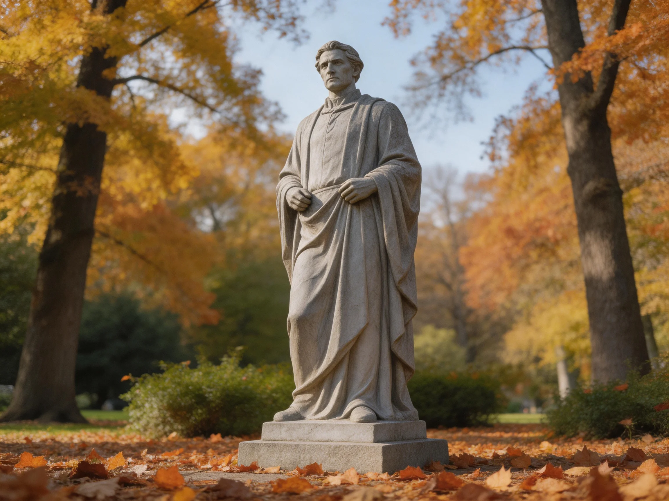 A stone statue stands amid golden autumn foliage with fallen leaves
