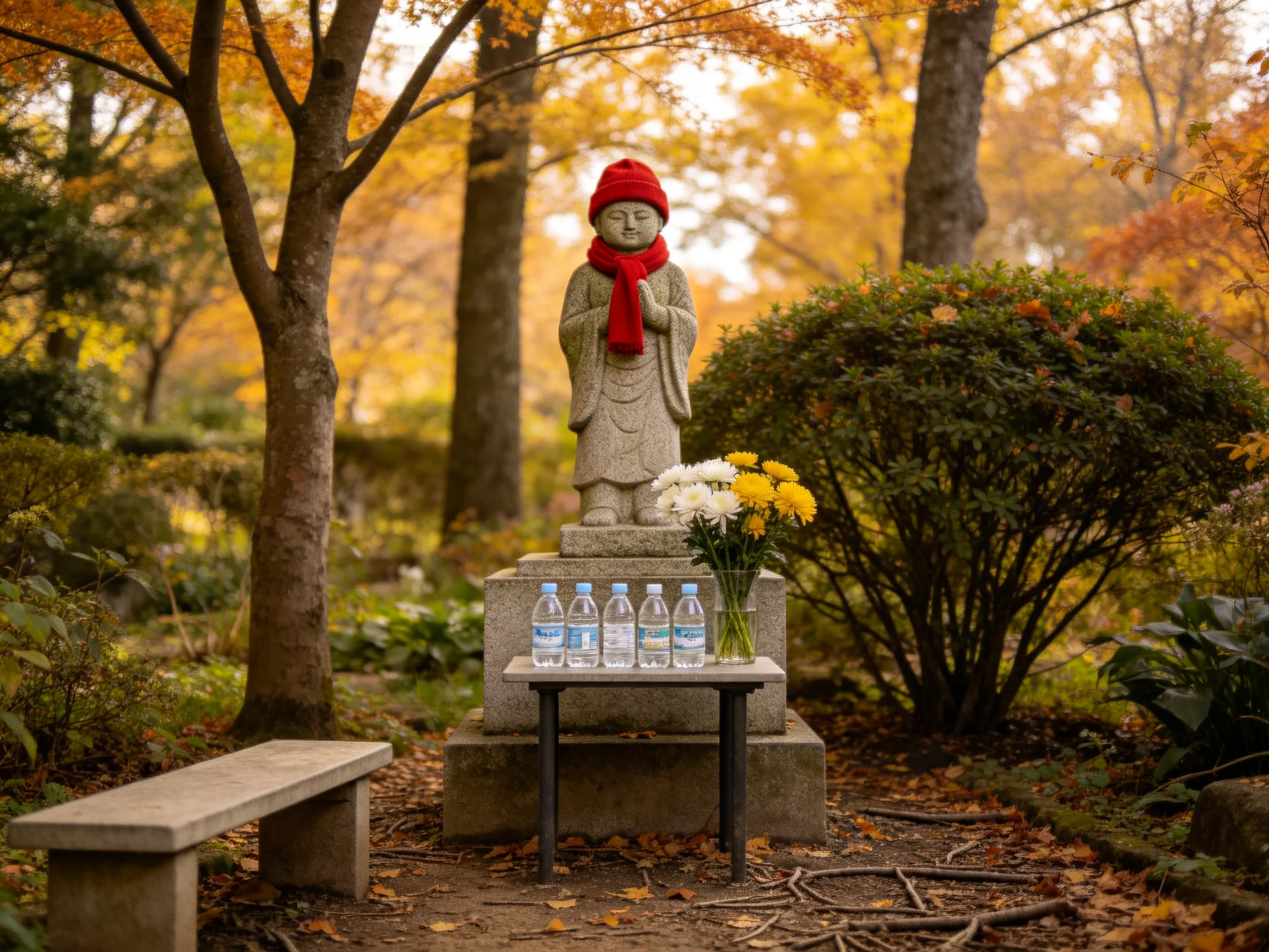 A stone statue with red hat and scarf near yellow and white flowers and water bottles