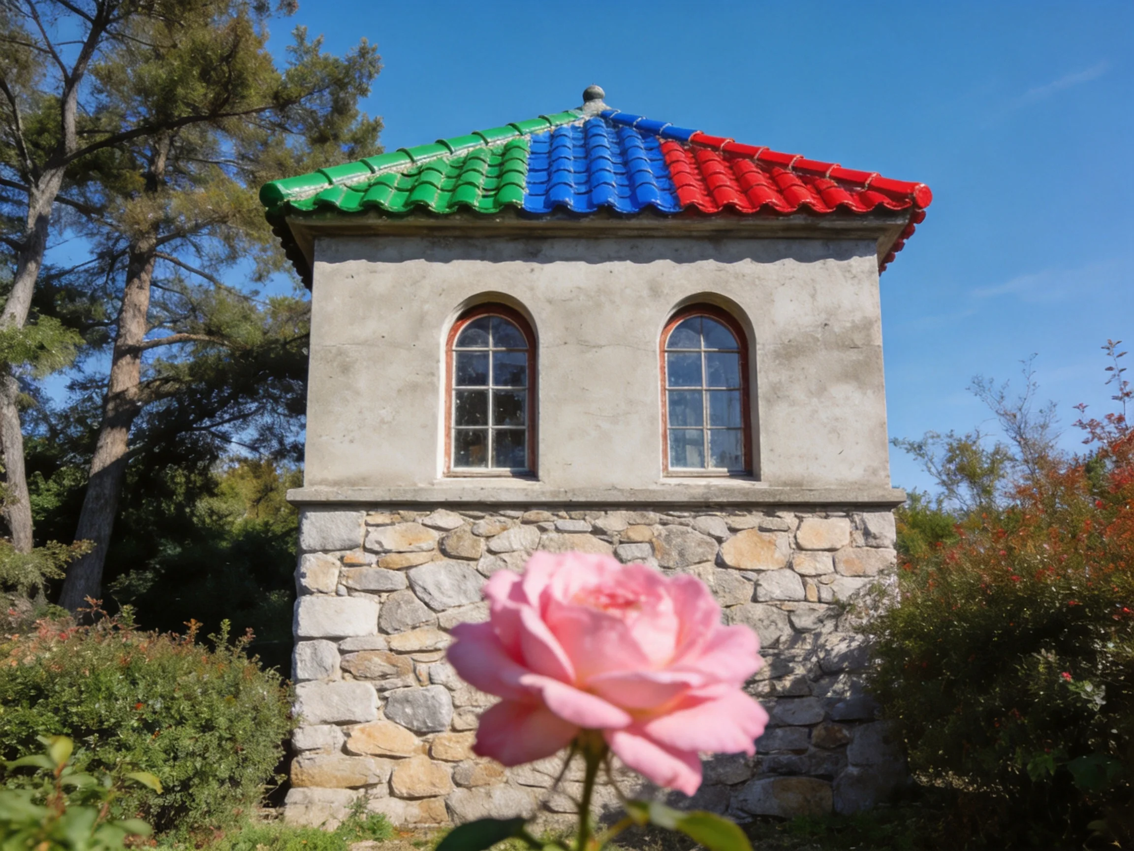 A stone structure with a tri-colored tiled roof near a pink rose