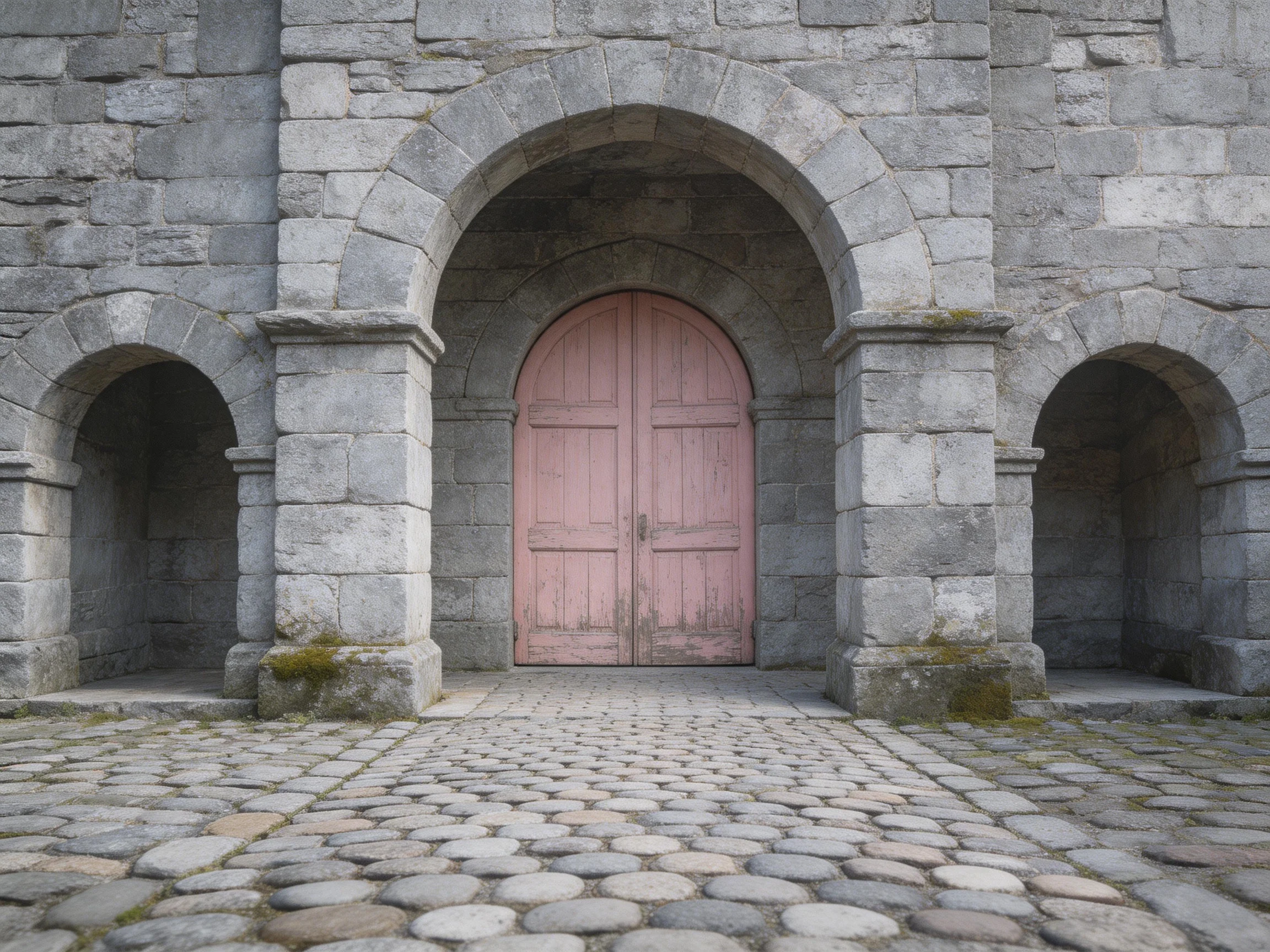 A stone structure with three arched niches and pink wooden doors