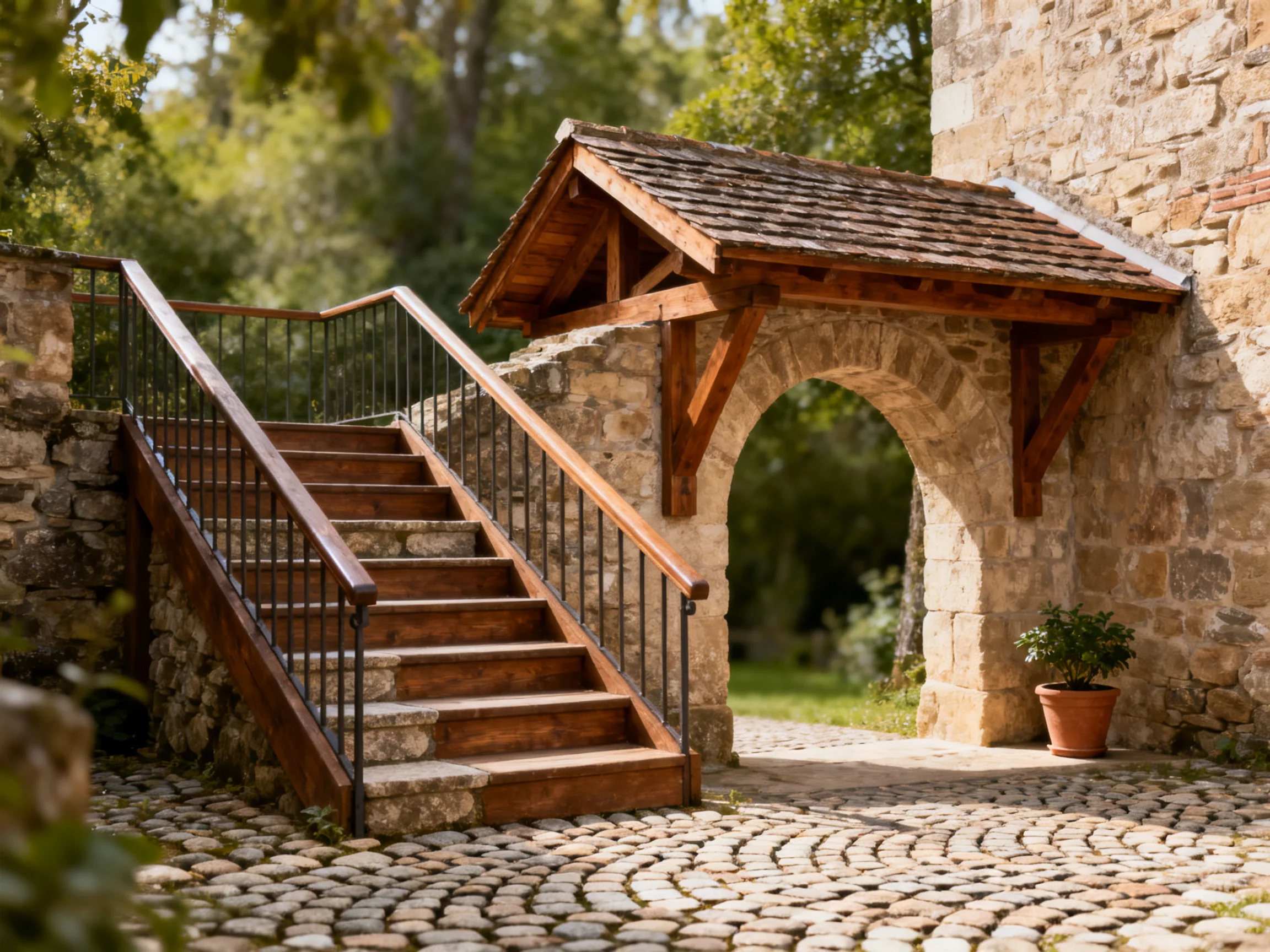 A stone structure with wooden stairs, arched entry, and cobblestone courtyard