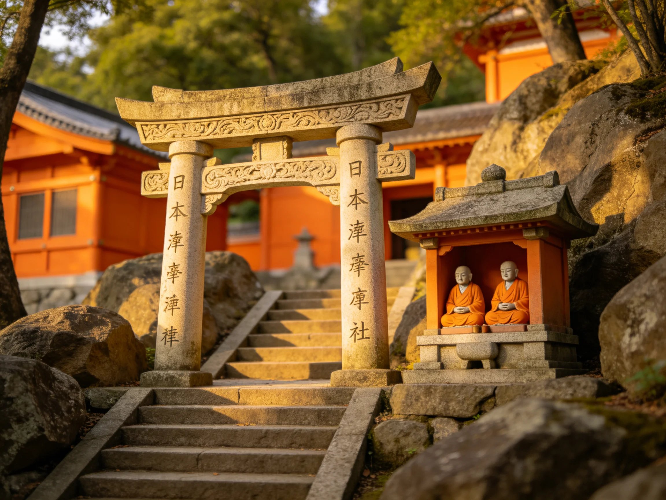 A stone torii gate leads to an orange temple with monk statues