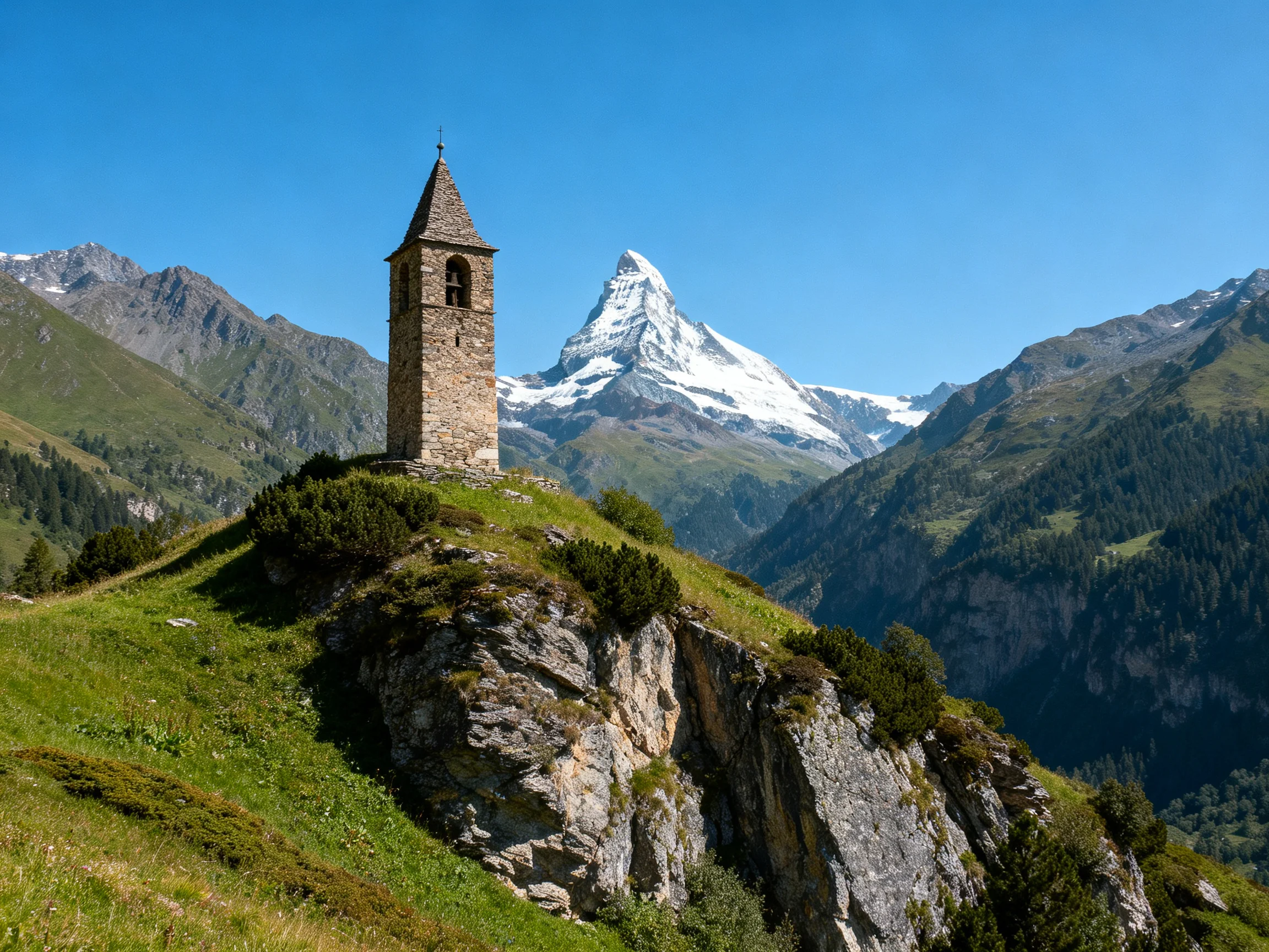 A stone tower atop a verdant hill near a snow-capped mountain