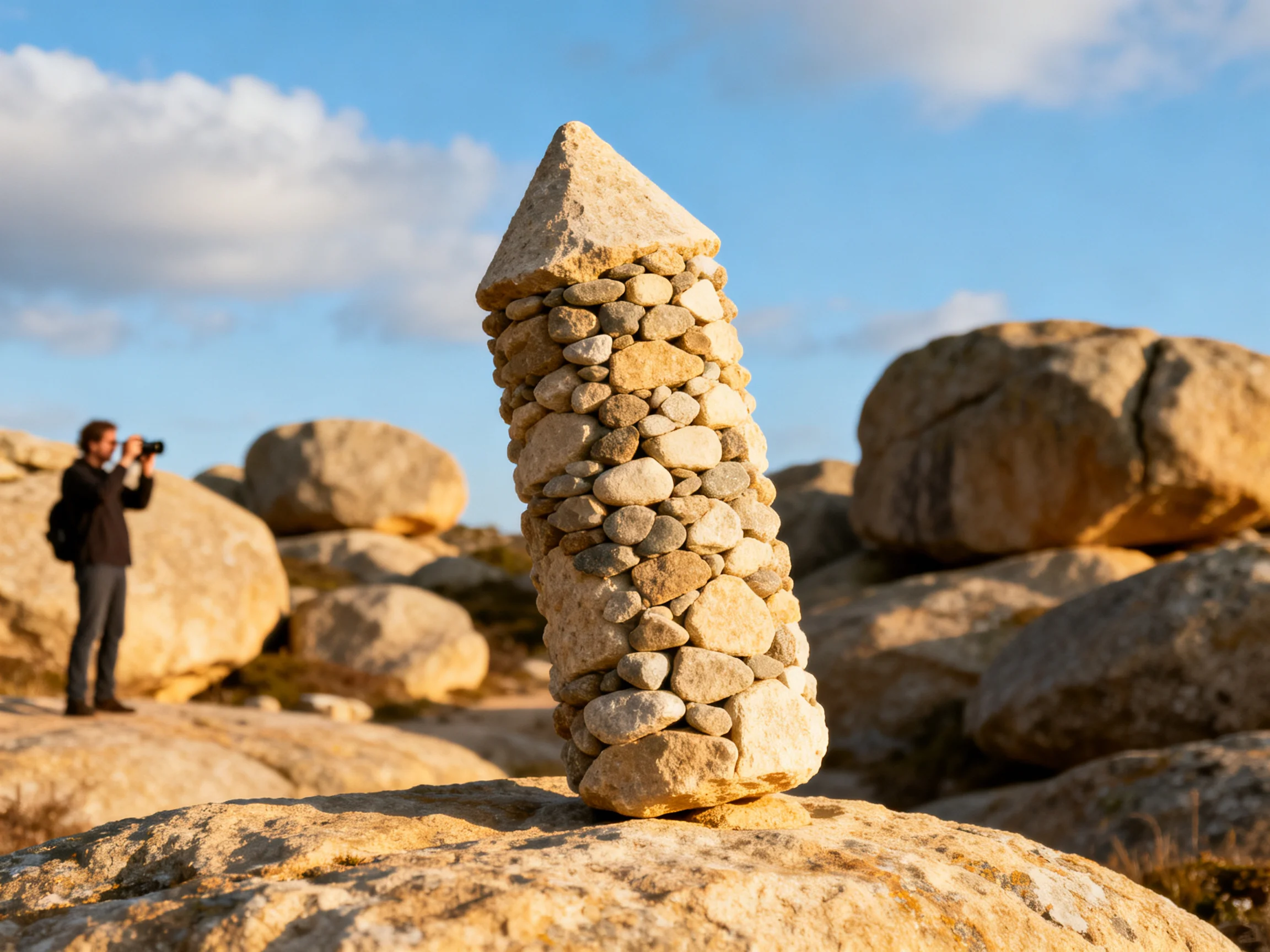 A stone tower sculpture among large boulders under bright sky