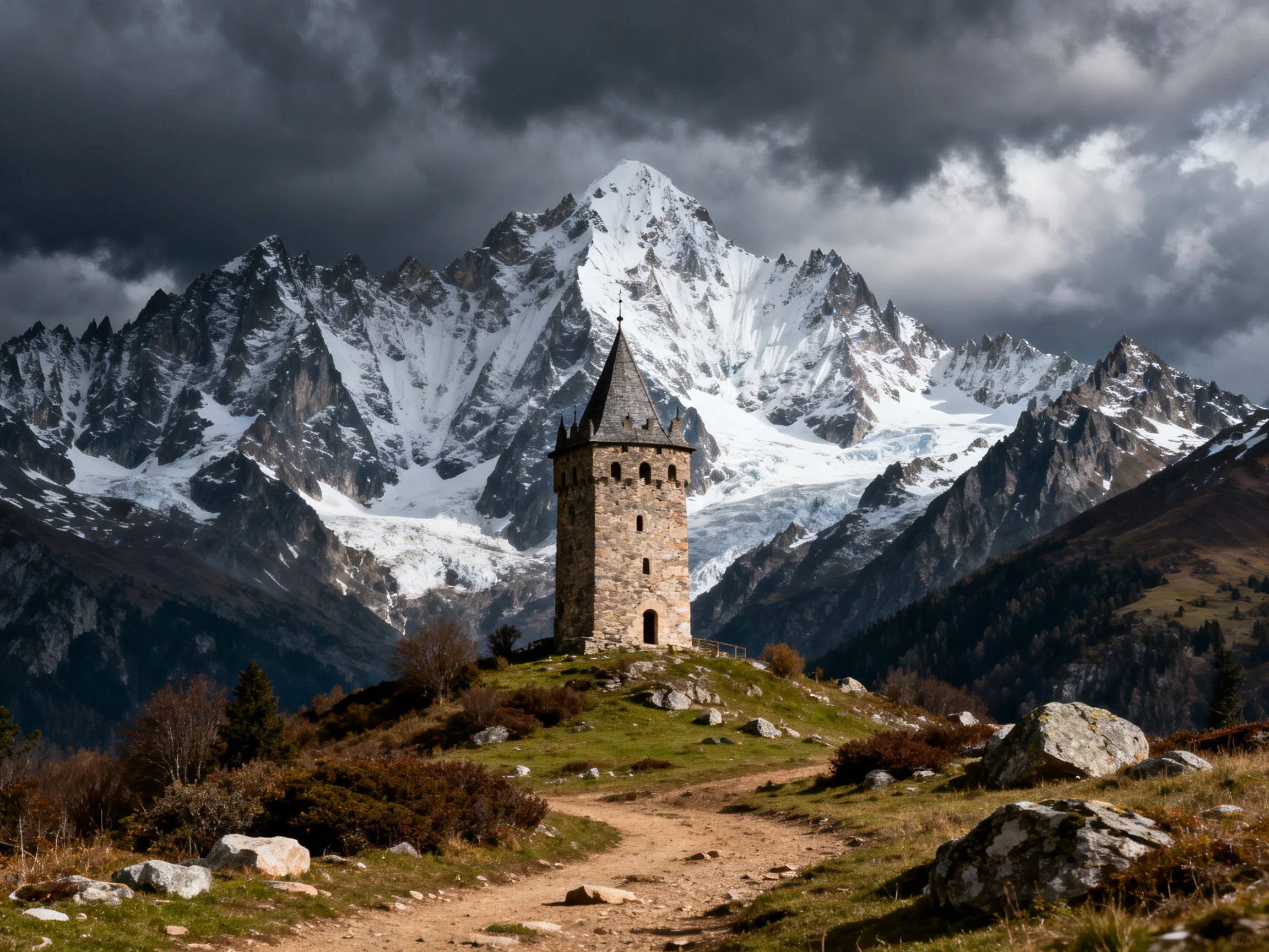 A stone tower sits atop a hill beside towering snow - capped mountains under dark stormy skies