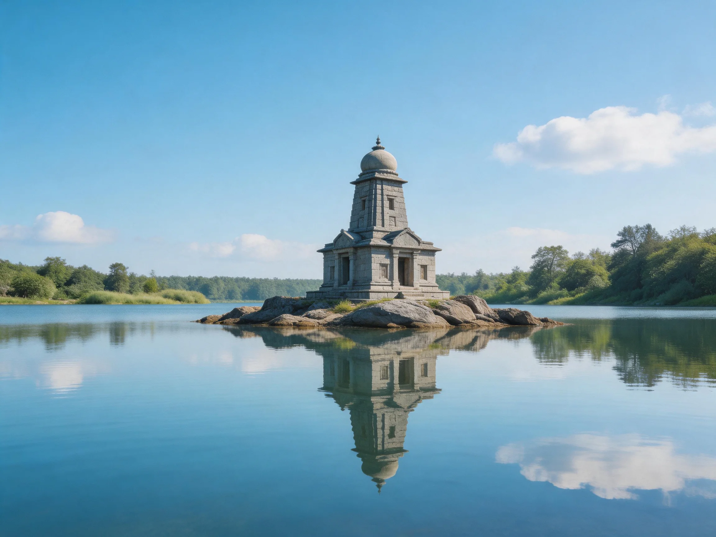 A stone tower stands alone on a rocky island in calm blue waters