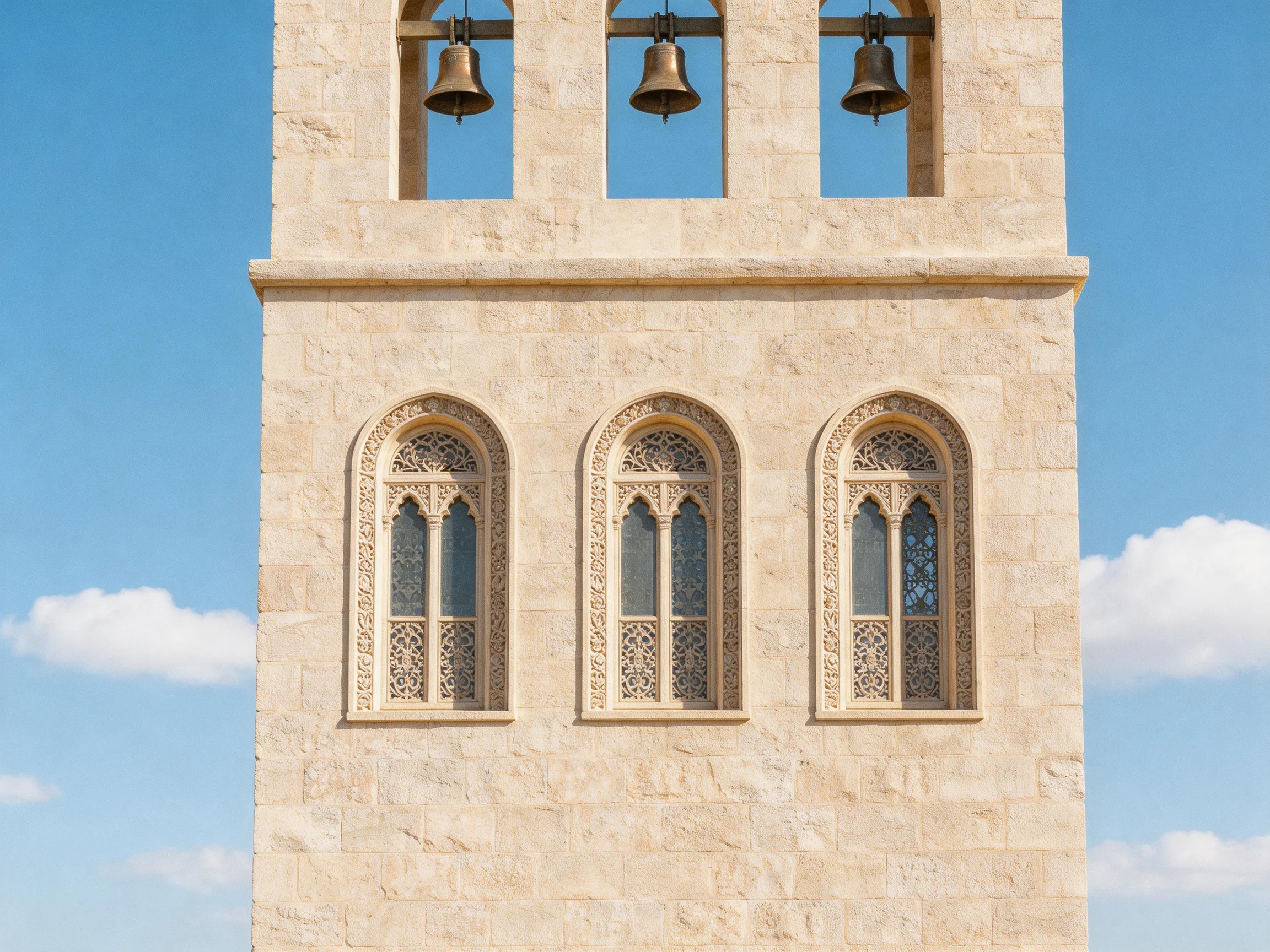 A stone tower with three bells and ornate arched windows under clear blue sky