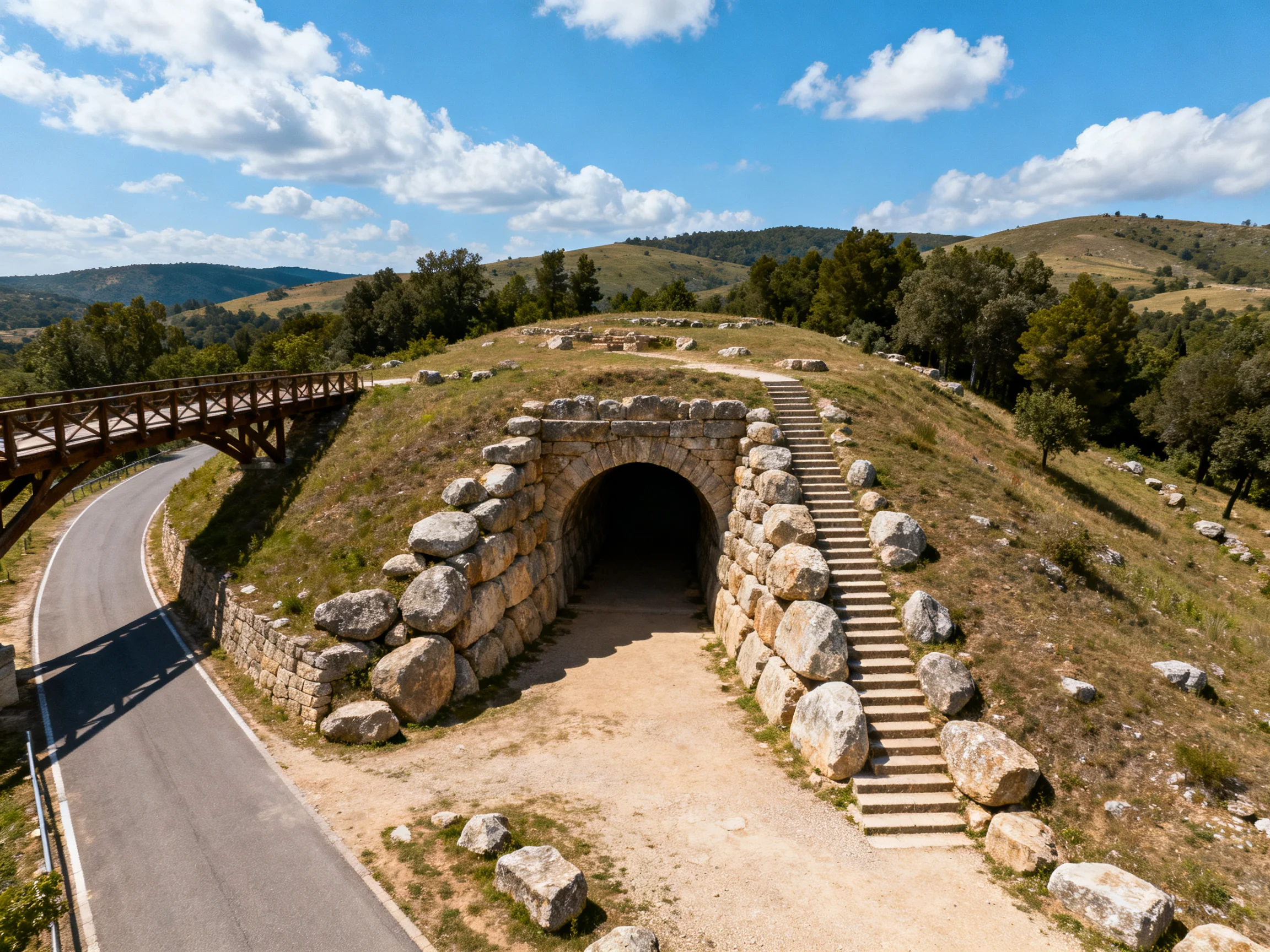 A stone tunnel with a wooden bridge near rolling green hills