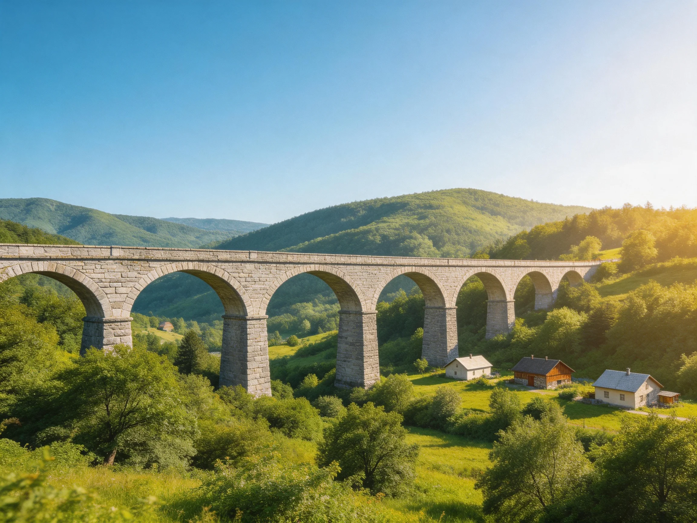 A stone viaduct spans lush green hills near wooden cottages