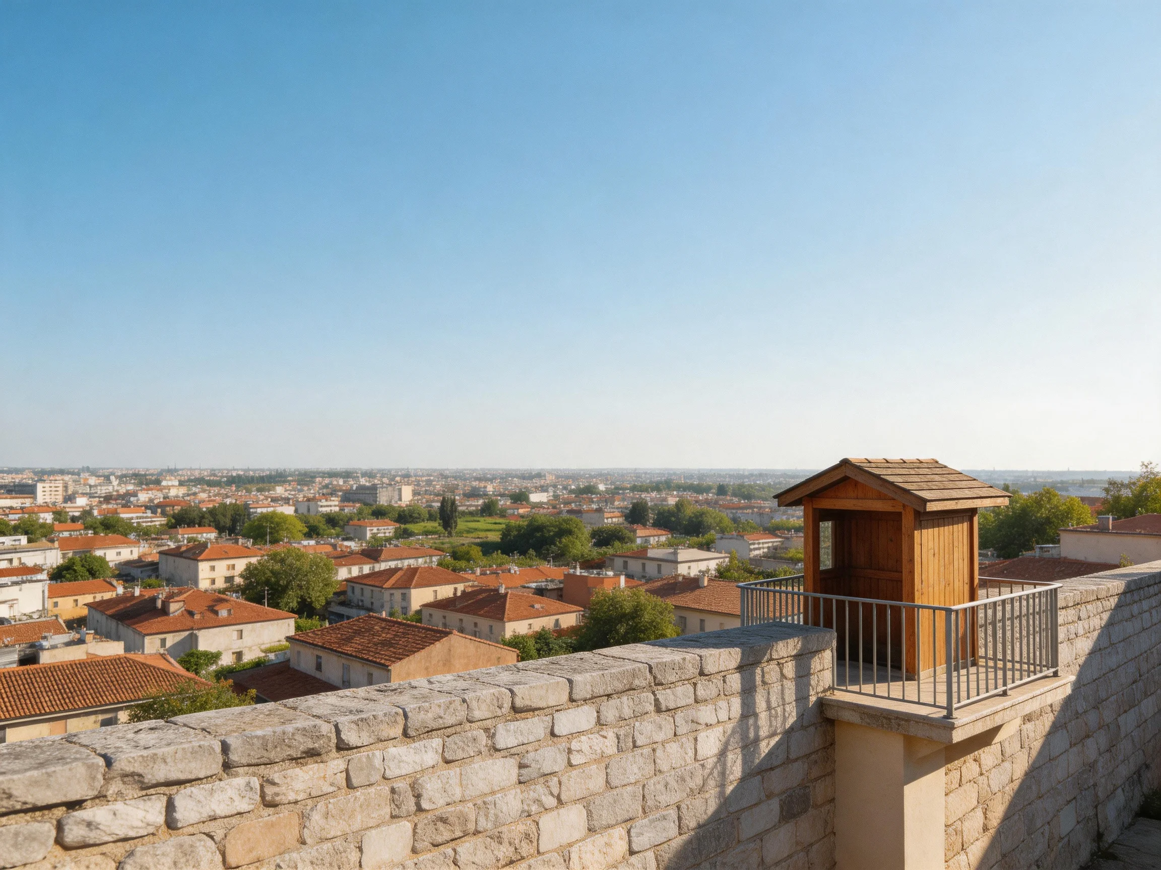 A stone-walled overlook with a wooden hut overlooking red-roofed buildings