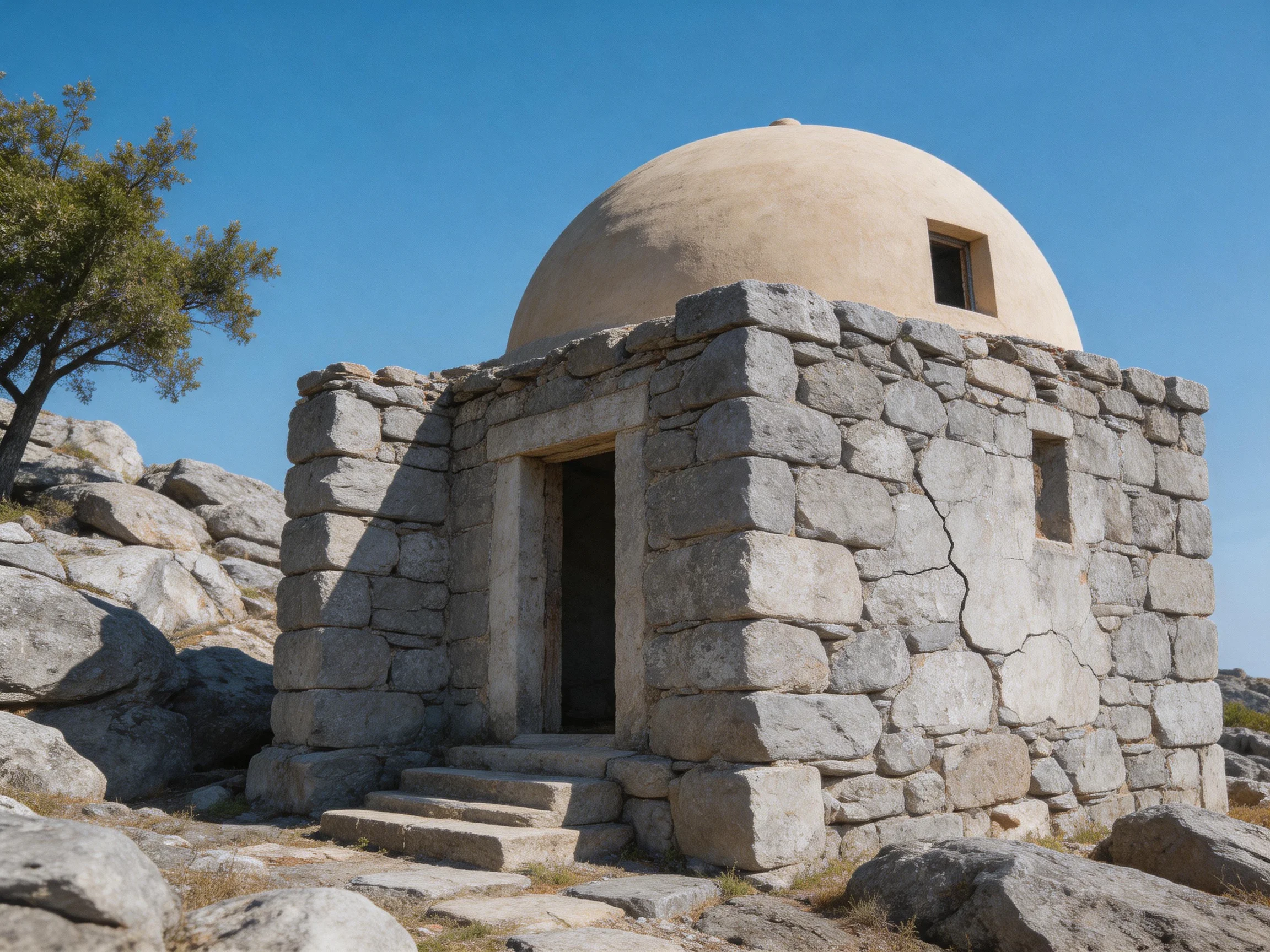 A stone-walled structure with a beige dome on rocky terrain