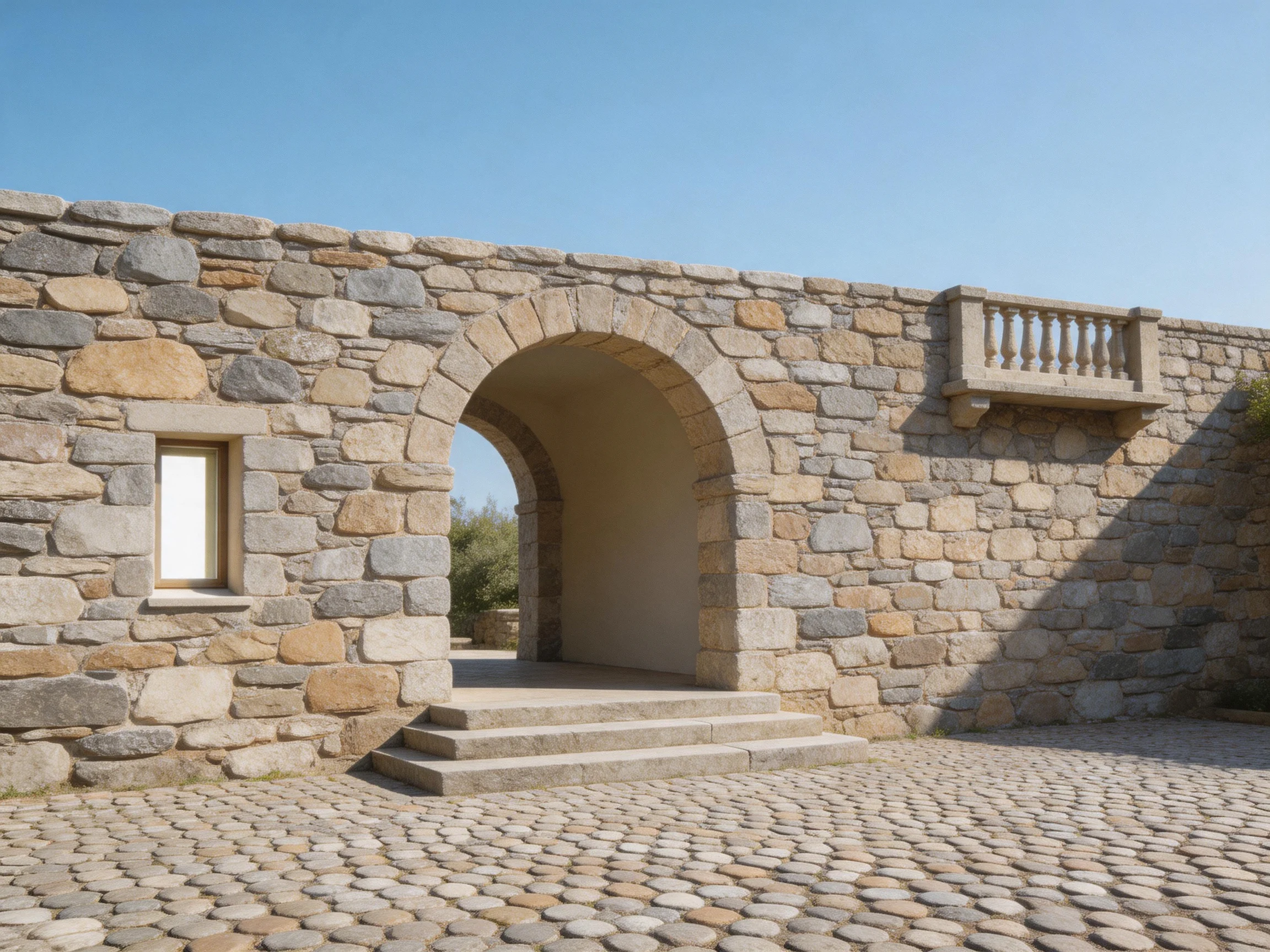 A stone-walled structure with an arched entrance and cobblestone courtyard