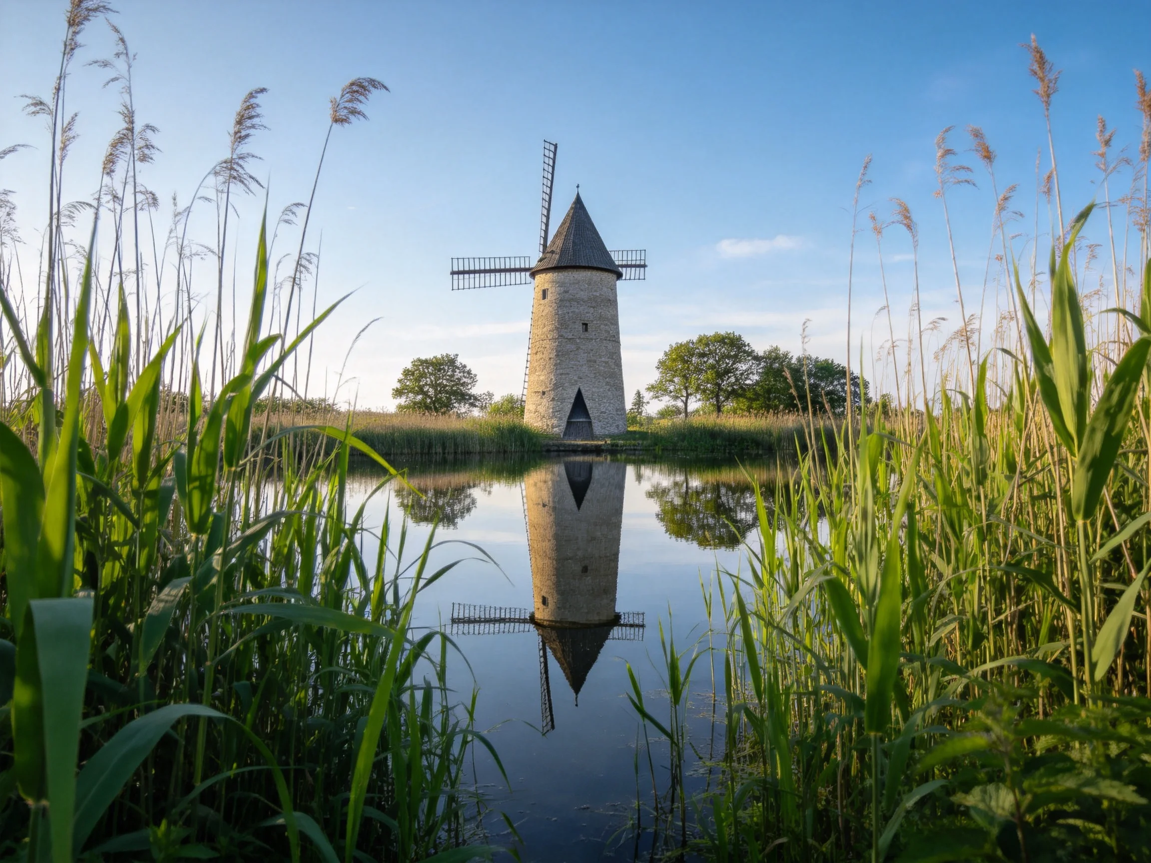 A stone windmill reflects in calm water among tall green reeds
