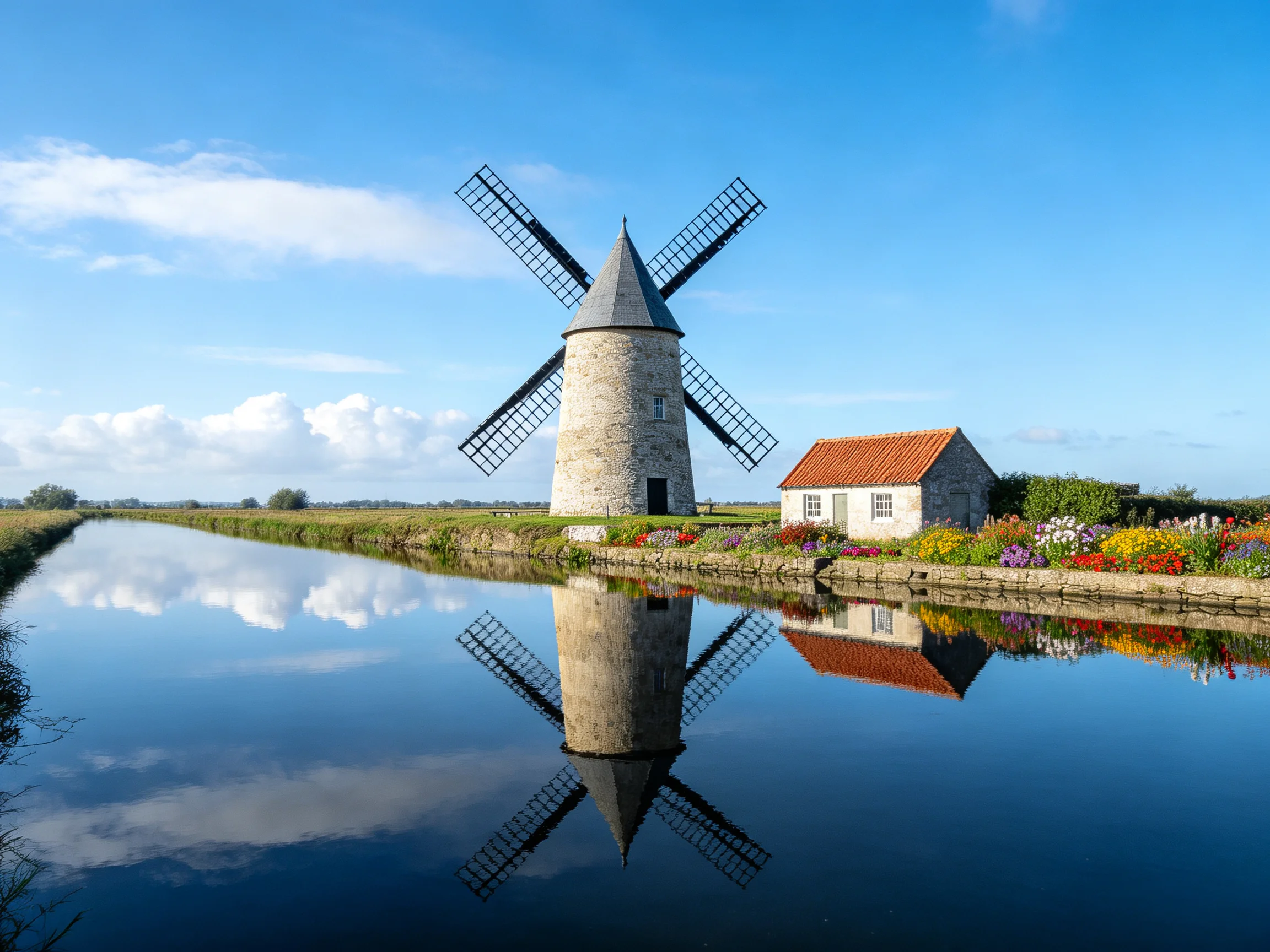 A stone windmill reflects in calm water beside a flowered cottage